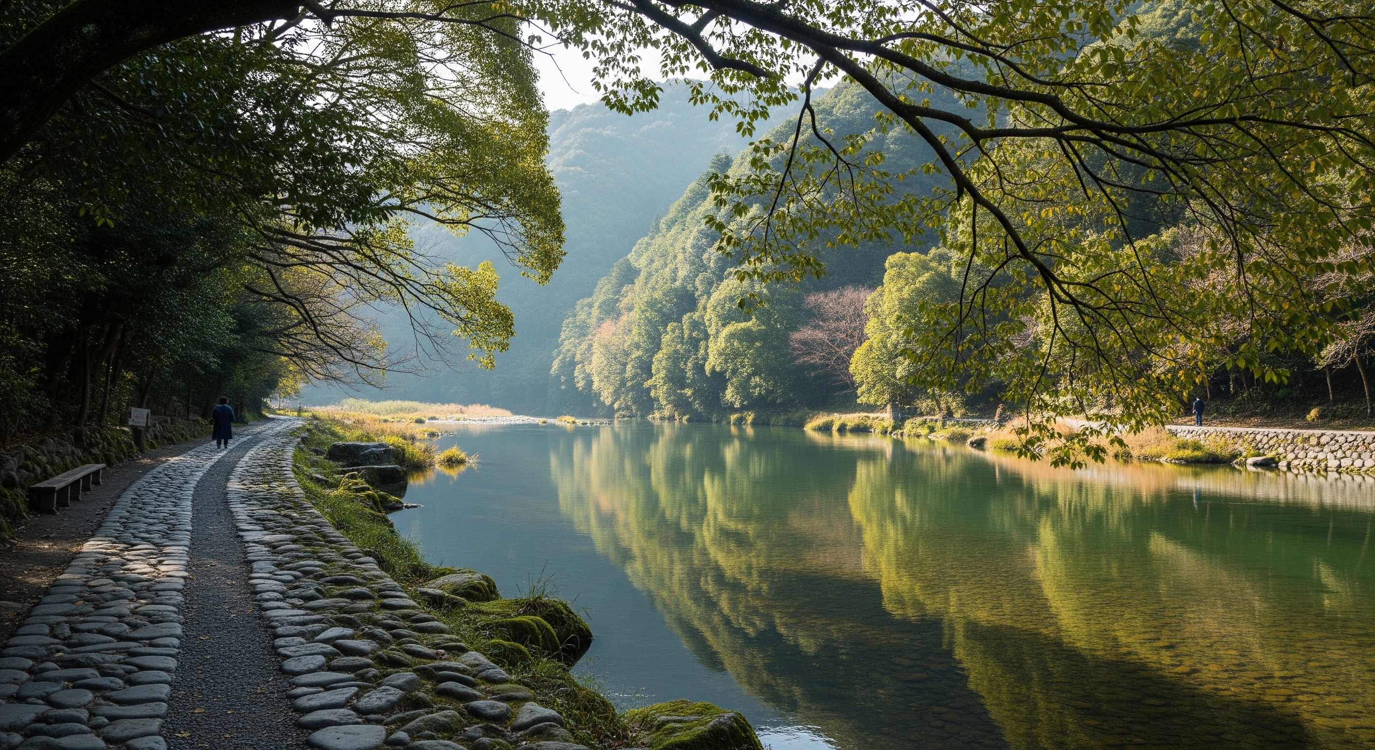 Peaceful riverside walking path along the Hozu River at Arashiyama, green hills reflected in calm water, no crowds, natural morning light