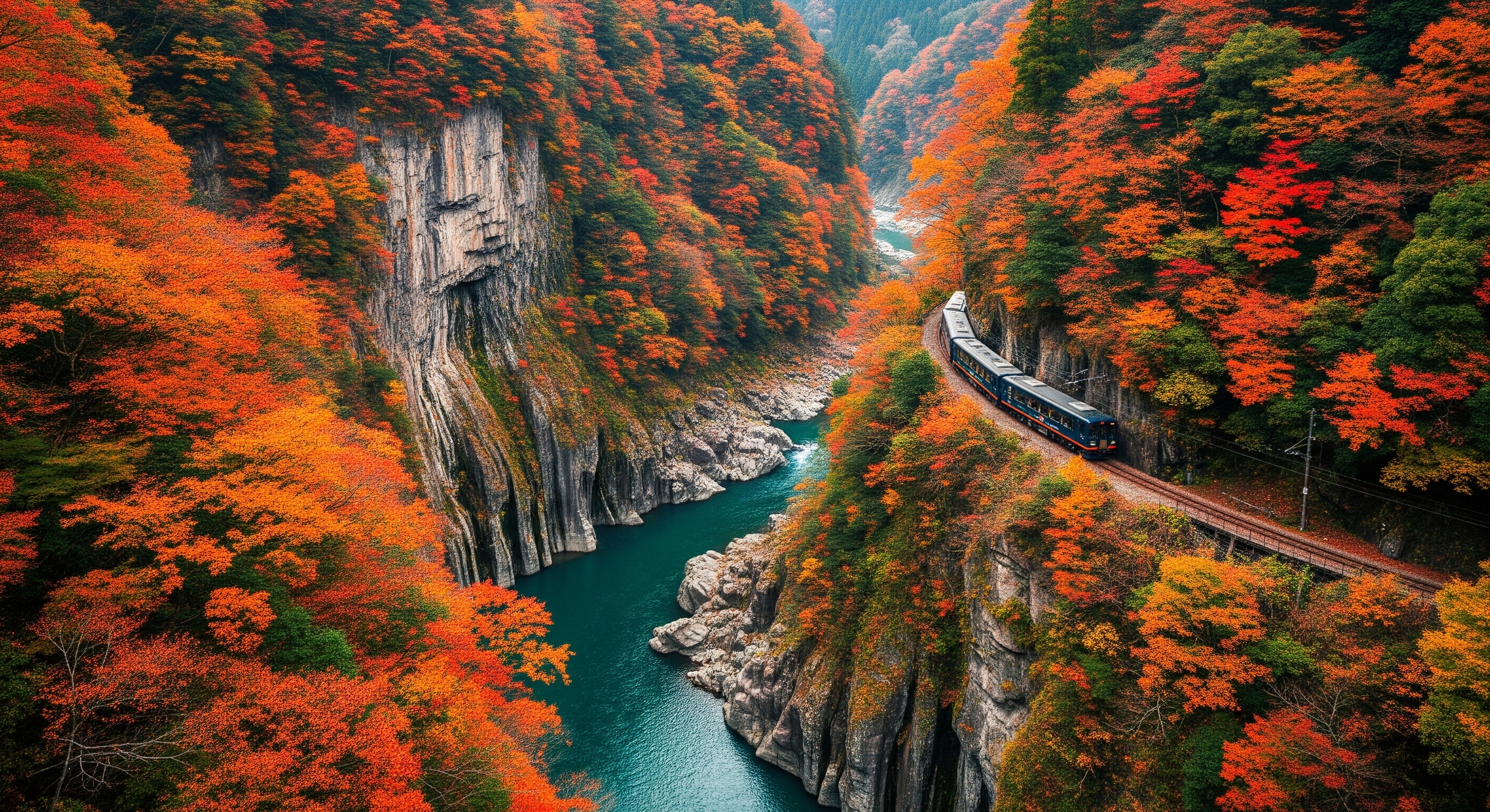 Sagano Scenic Railway tourist train passing through the dramatic Hozugawa river gorge, autumn foliage covering the steep rocky slopes