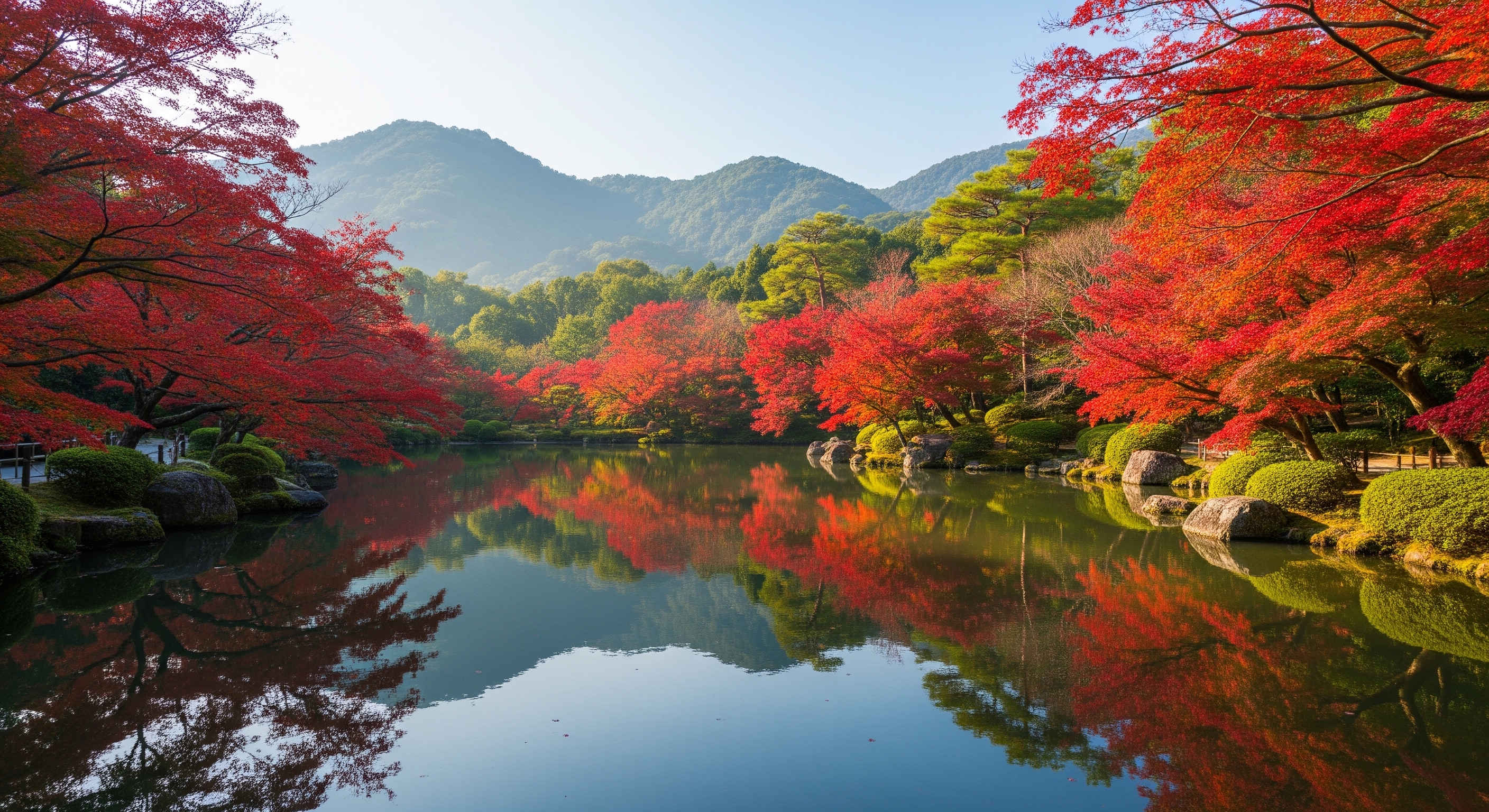 Tenryu-ji Zen garden with a still pond reflecting Arashiyama hills and raked gravel in autumn foliage