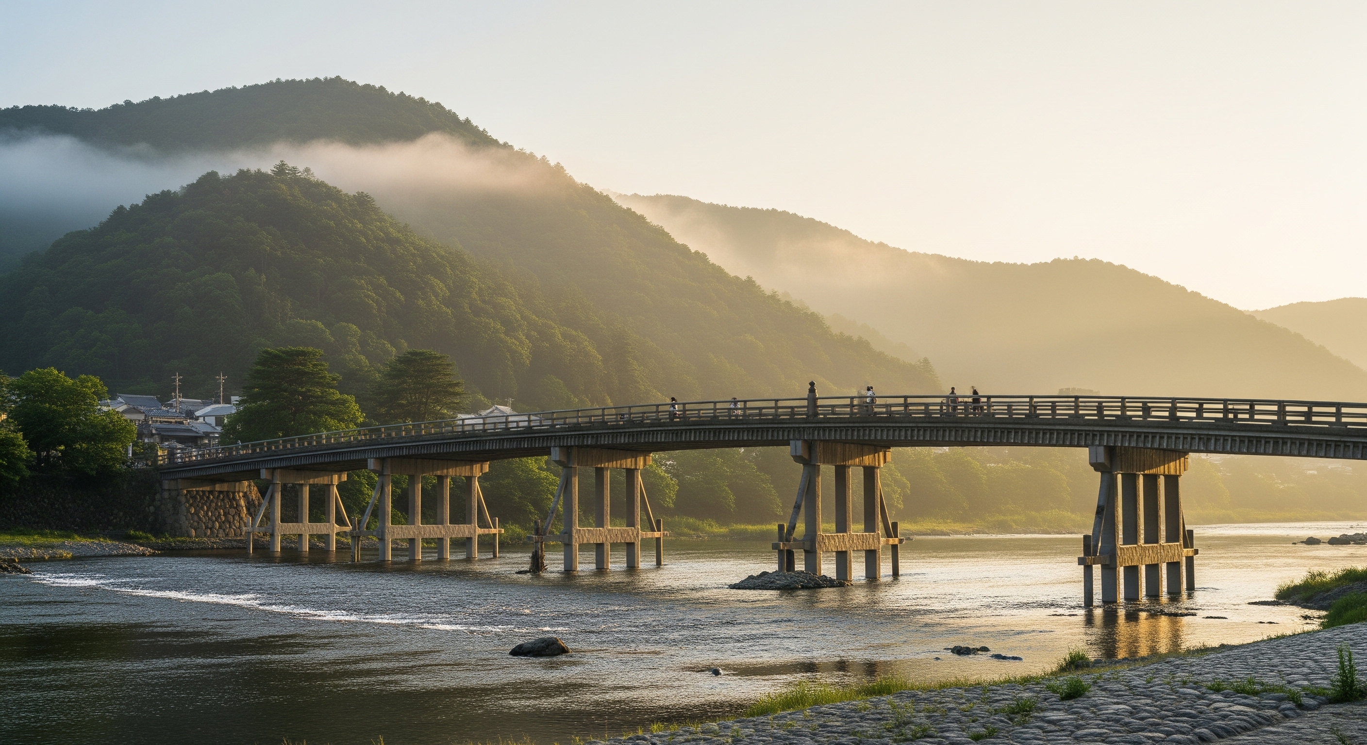 Togetsukyo Bridge arching over the Hozu River in Arashiyama with forested hills rising behind it in morning mist
