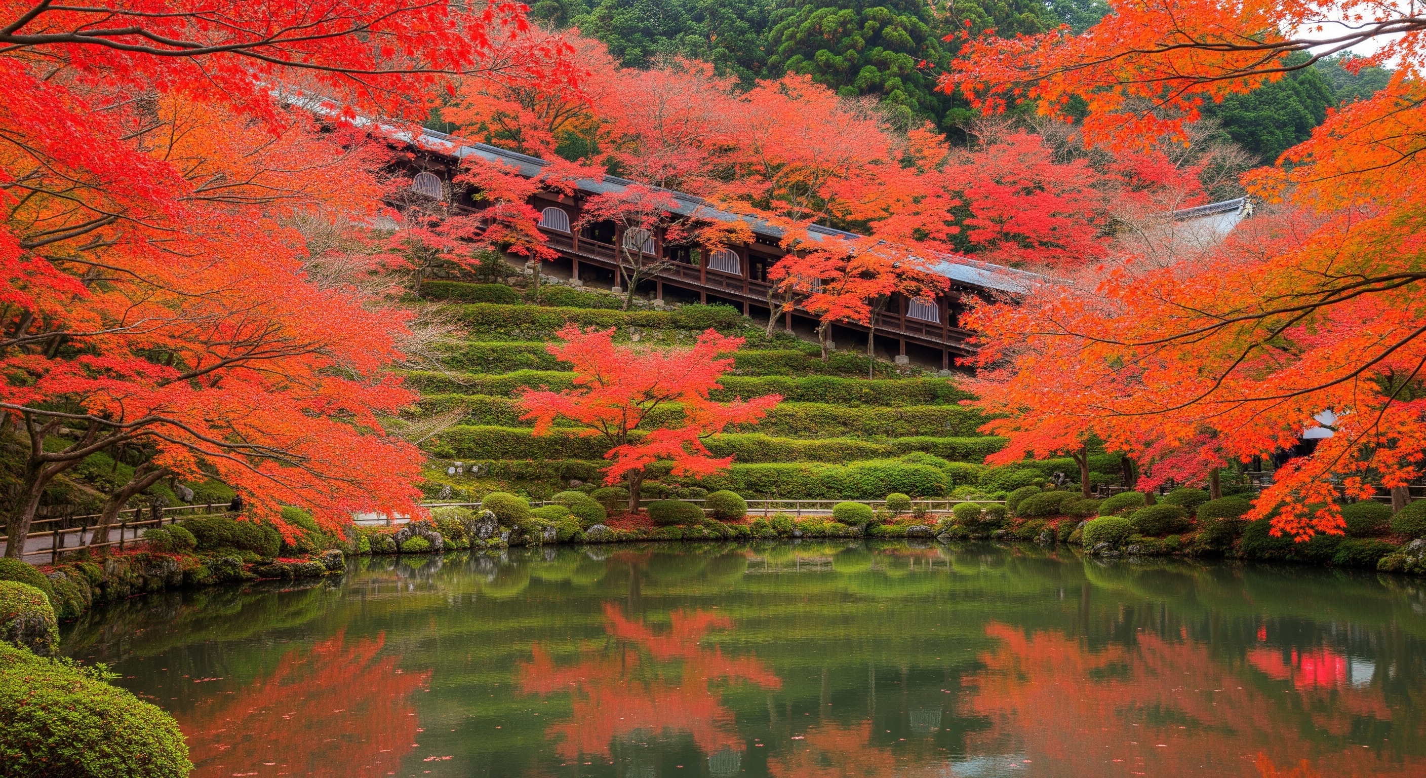 Vivid red and orange Japanese maple trees surrounding the pond garden at Eikan-do temple in Kyoto during autumn peak