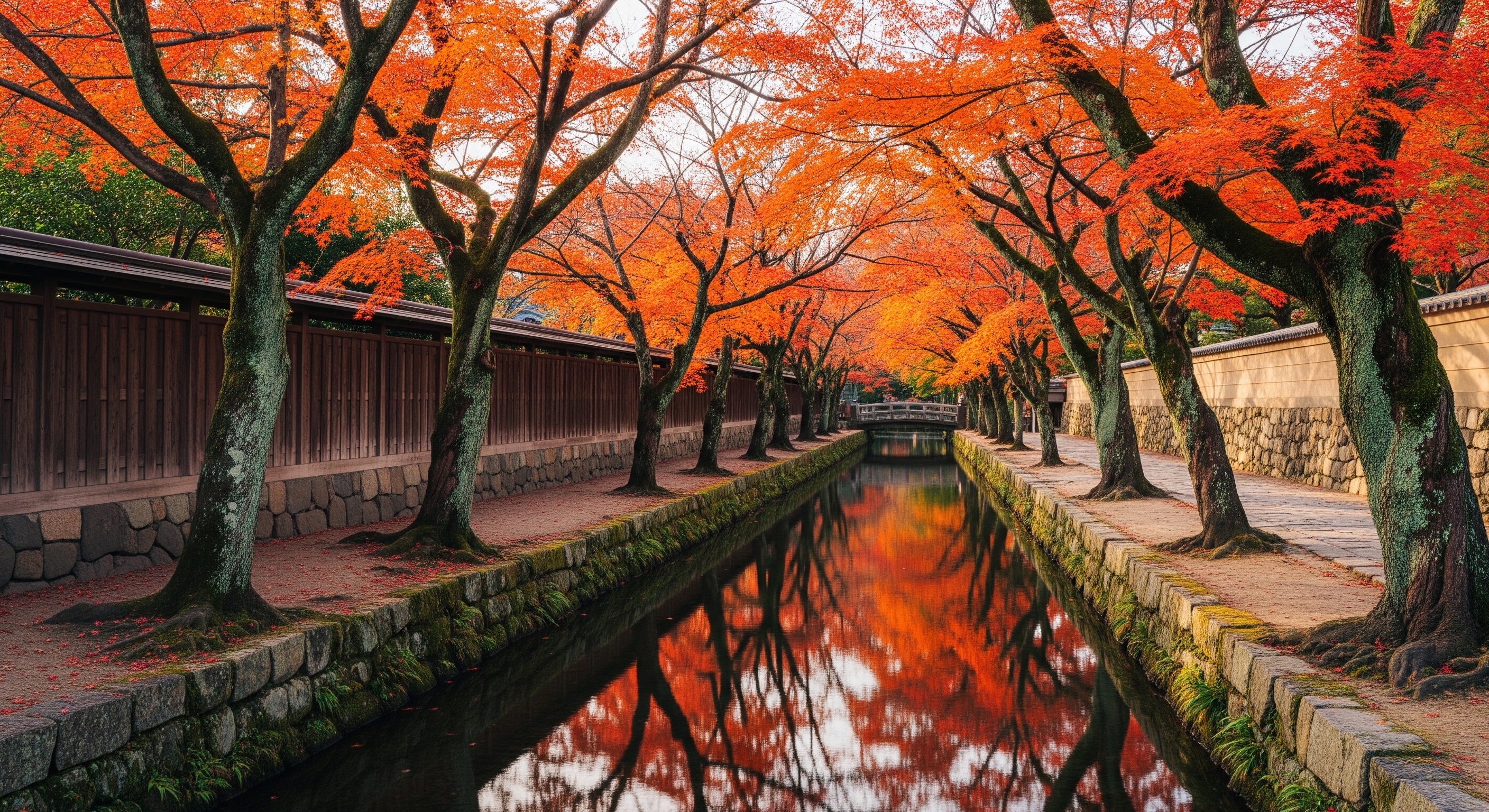 Narrow canal along the Philosopher's Path in Kyoto lined with maple and cherry trees in full autumn color, orange and red leaves reflected in the still water, soft morning light