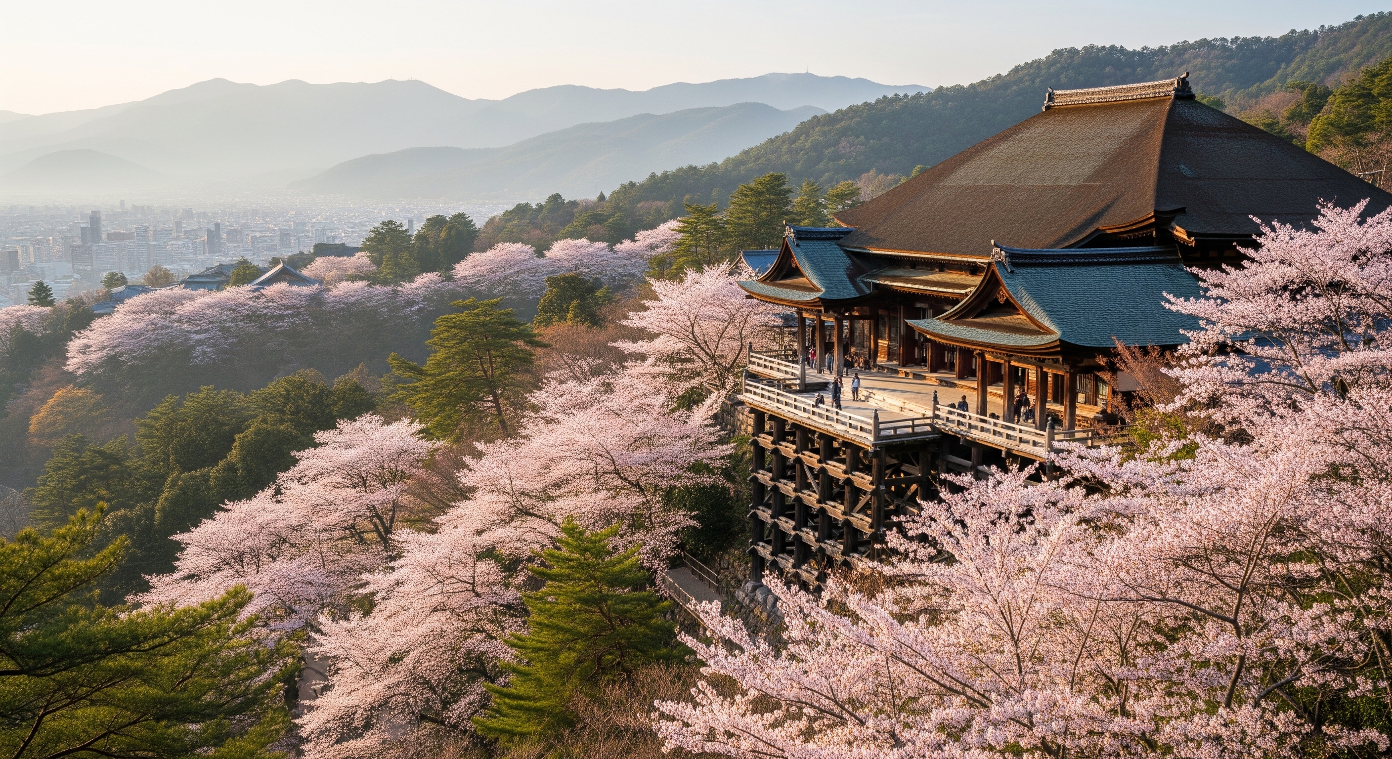 Kiyomizudera temple wooden stage looking out over cherry blossom hillside in spring Kyoto