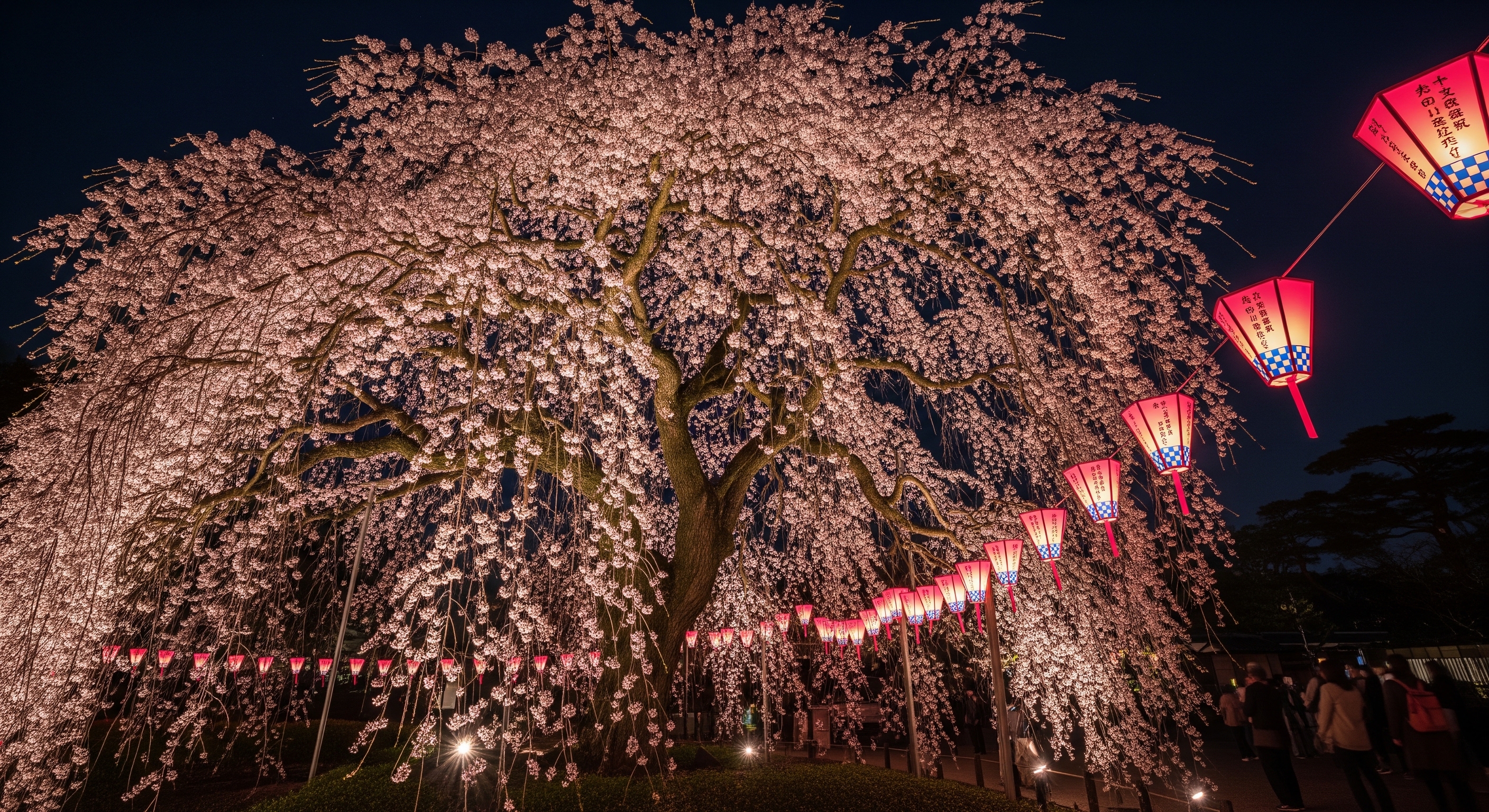 Giant weeping cherry tree illuminated at night in Maruyama Park, Kyoto