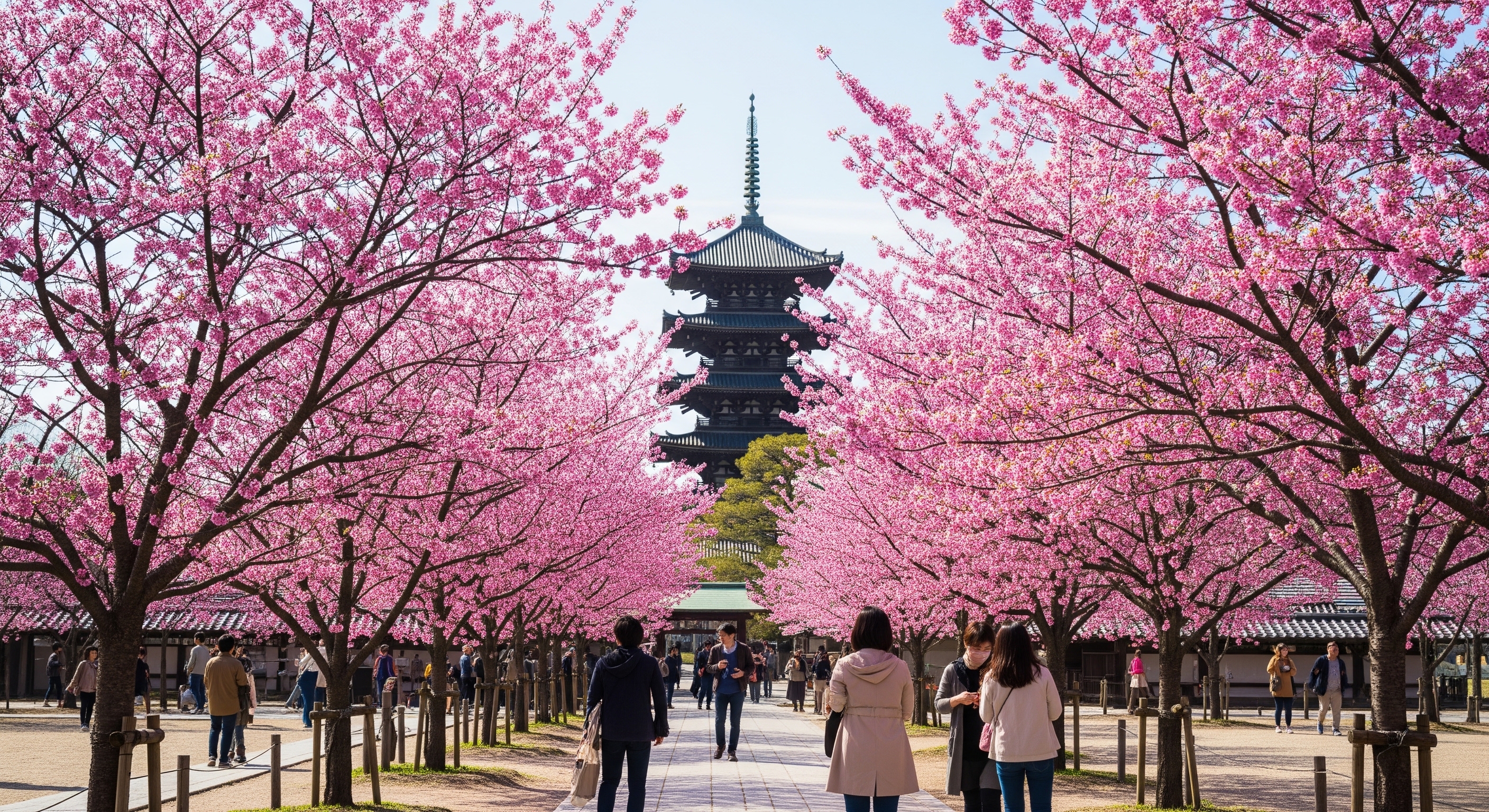 Low-growing omuro zakura cherry trees in full bloom at Ninna-ji temple grounds in Kyoto with five-story pagoda in background