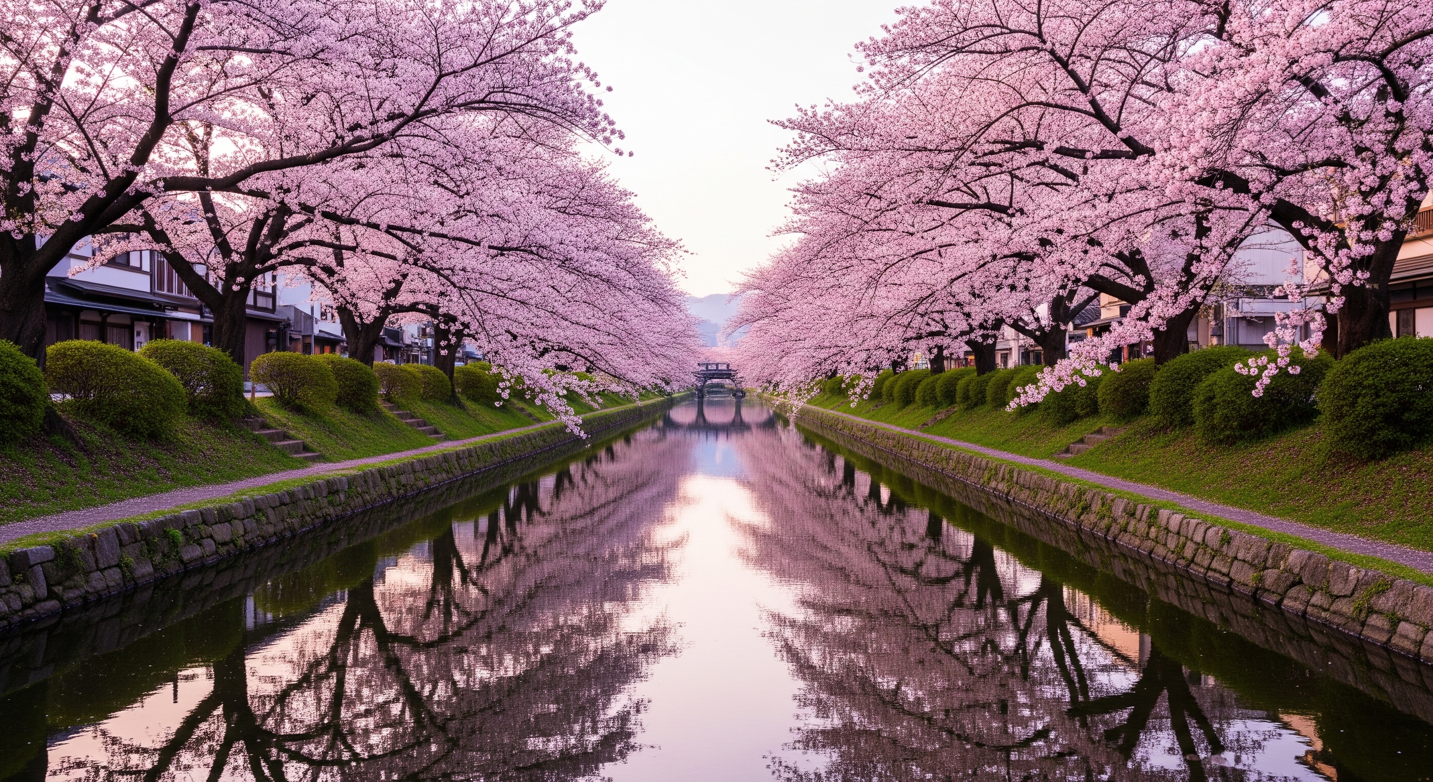 Cherry blossom trees lining the Okazaki Canal in Kyoto with pink petals reflecting in the calm water on a spring morning