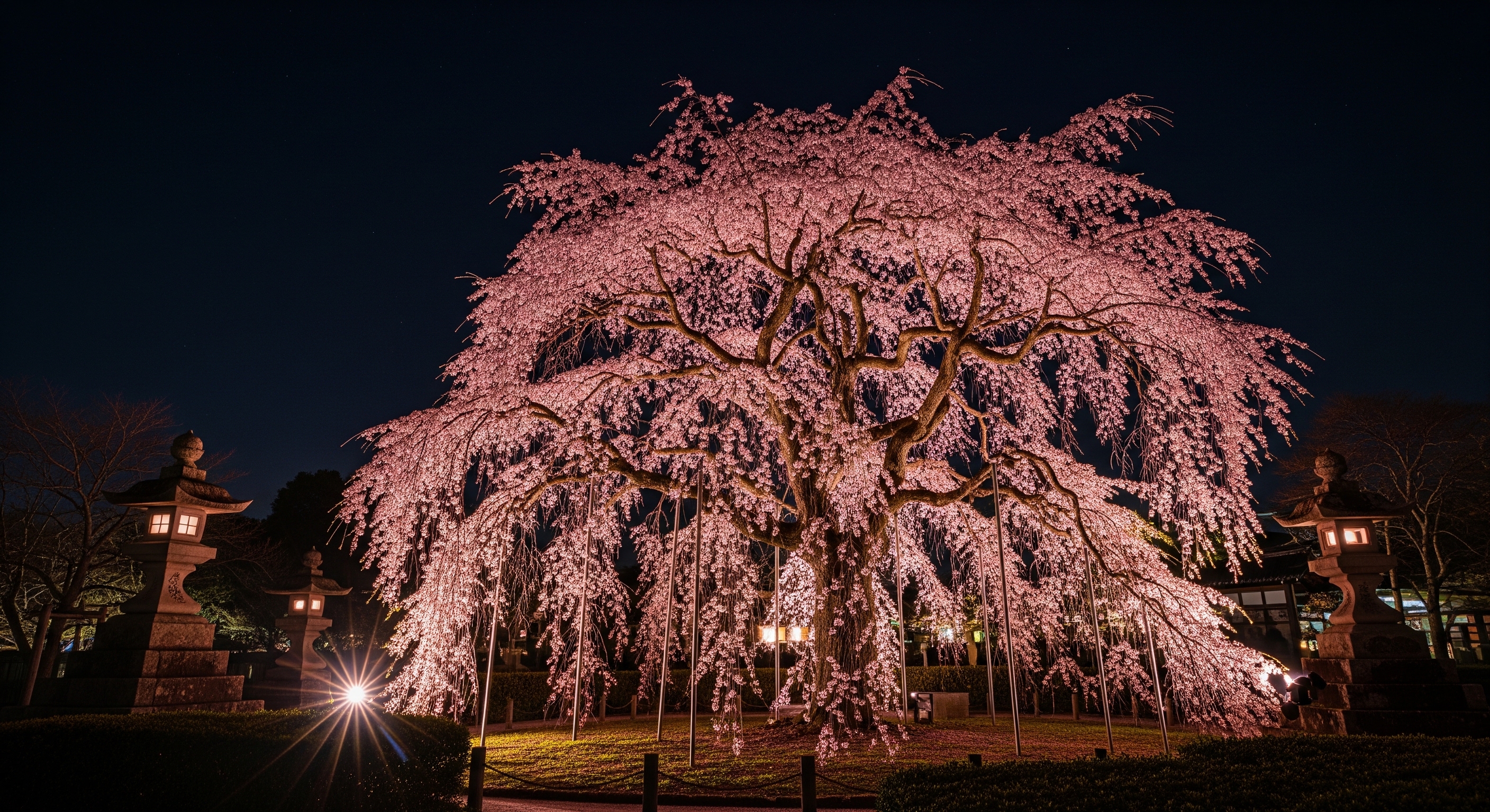 Illuminated weeping cherry tree at Maruyama Park at night during peak bloom