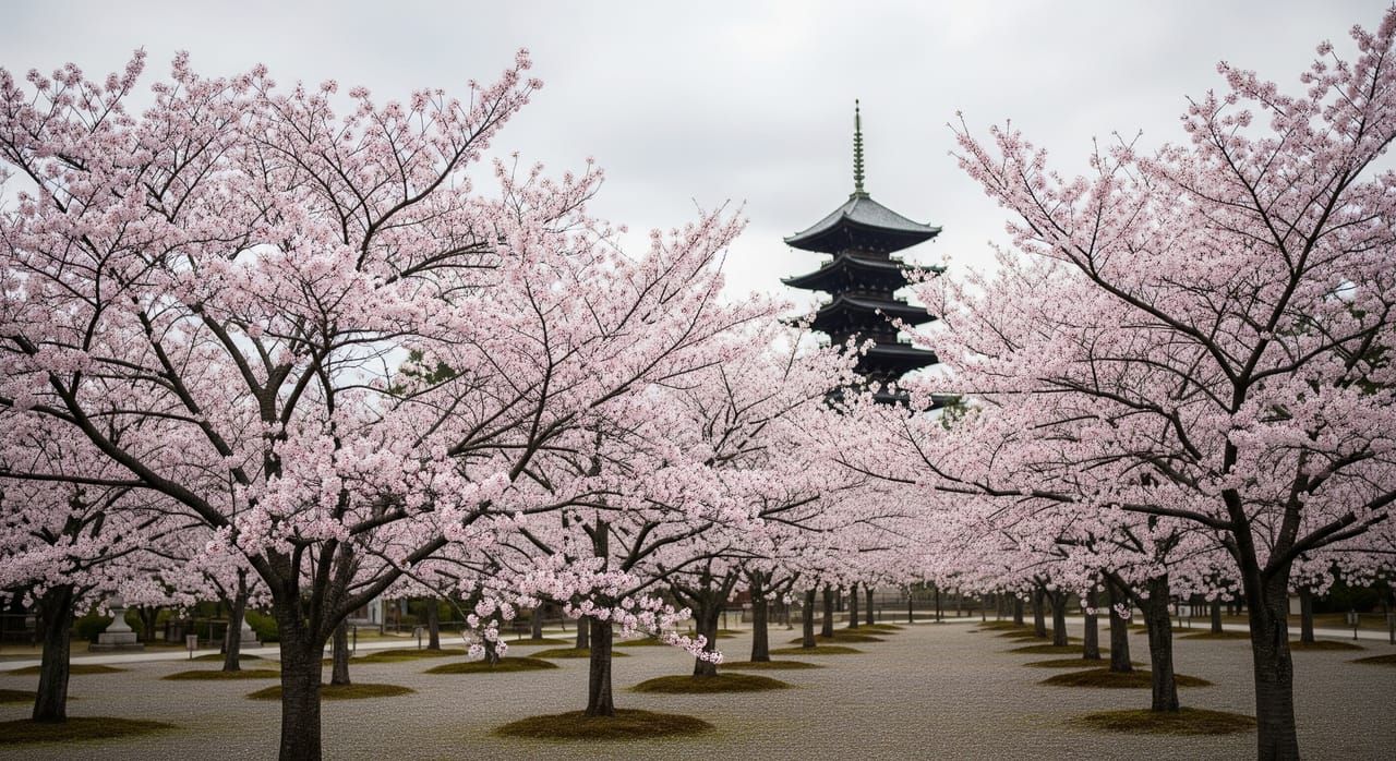 Short omuro zakura cherry trees in bloom inside Ninna-ji Temple compound with pagoda in background