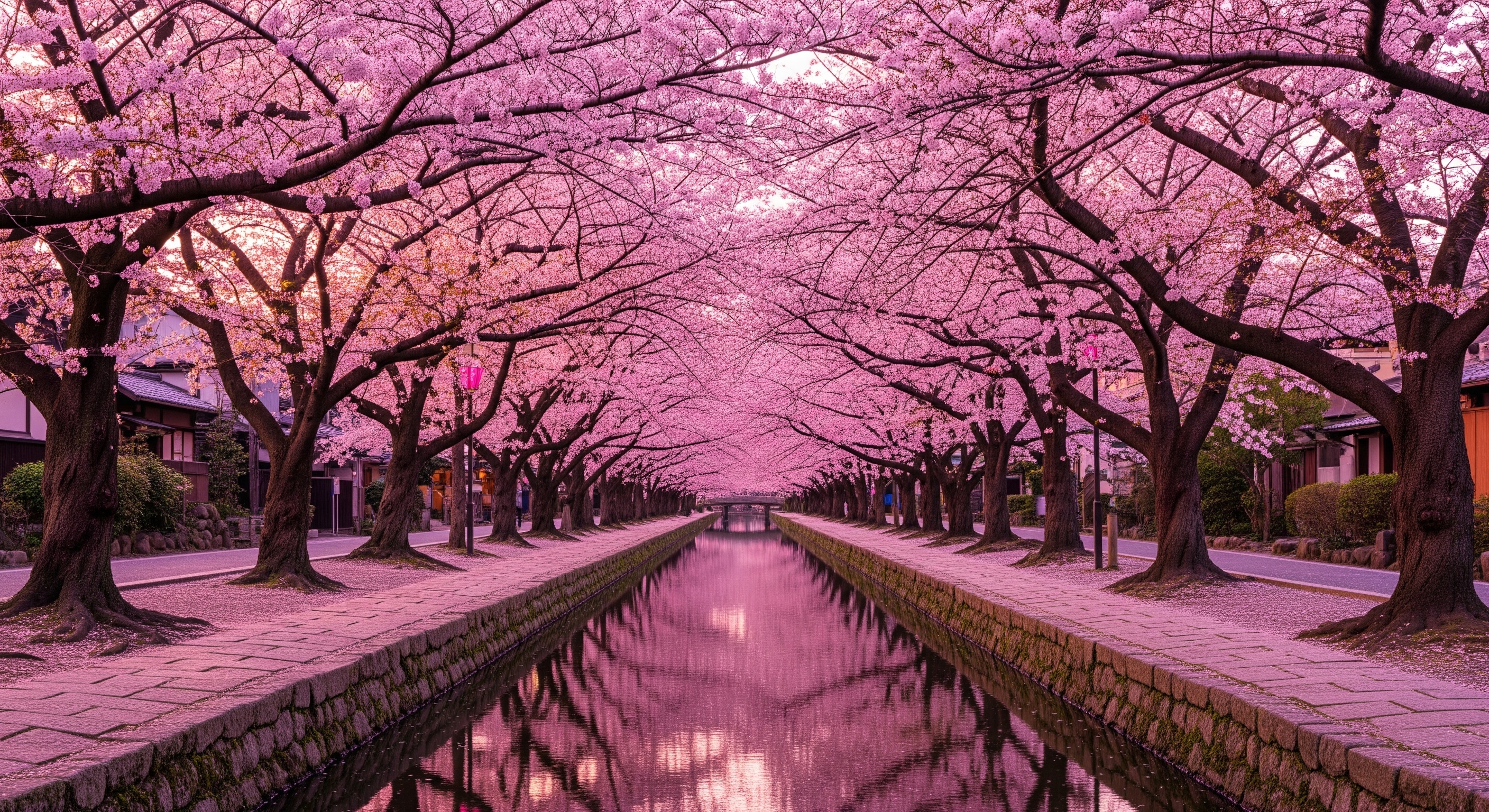 Cherry blossom canopy tunnel over Philosopher's Path canal in early morning light