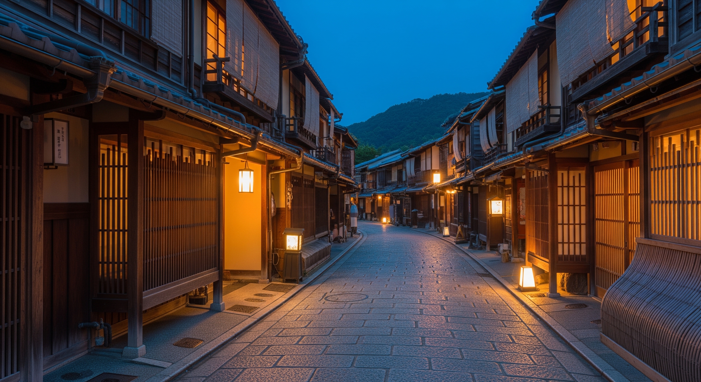 Traditional Gion lantern-lit street at twilight, wooden teahouse facades glowing warmly