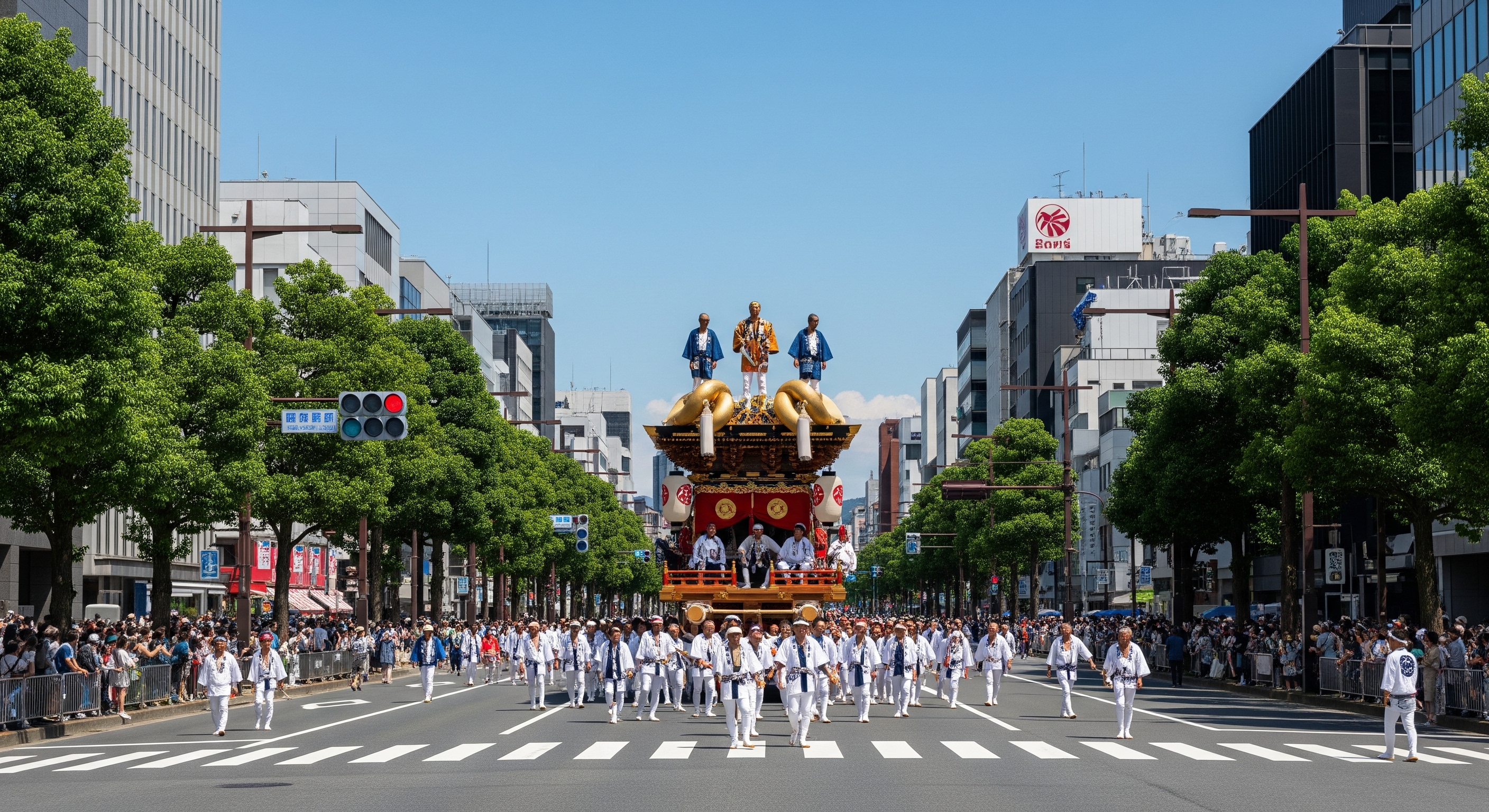 Gion Matsuri July 17 procession with massive Yamaboko float moving through Oike Avenue lined with spectators