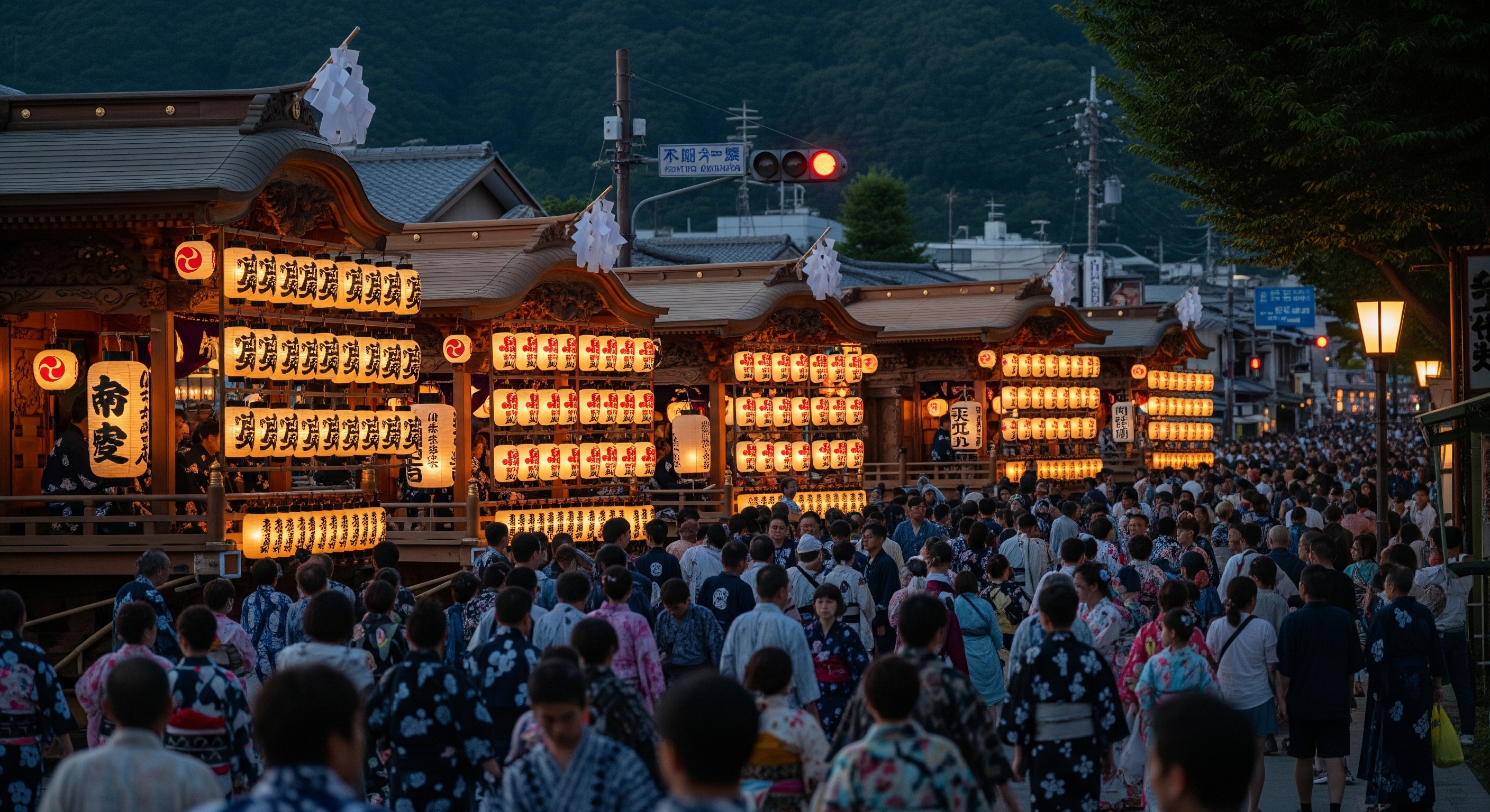 Lantern-lit Yamaboko floats glowing golden at night surrounded by crowds in yukata during Yoiyama