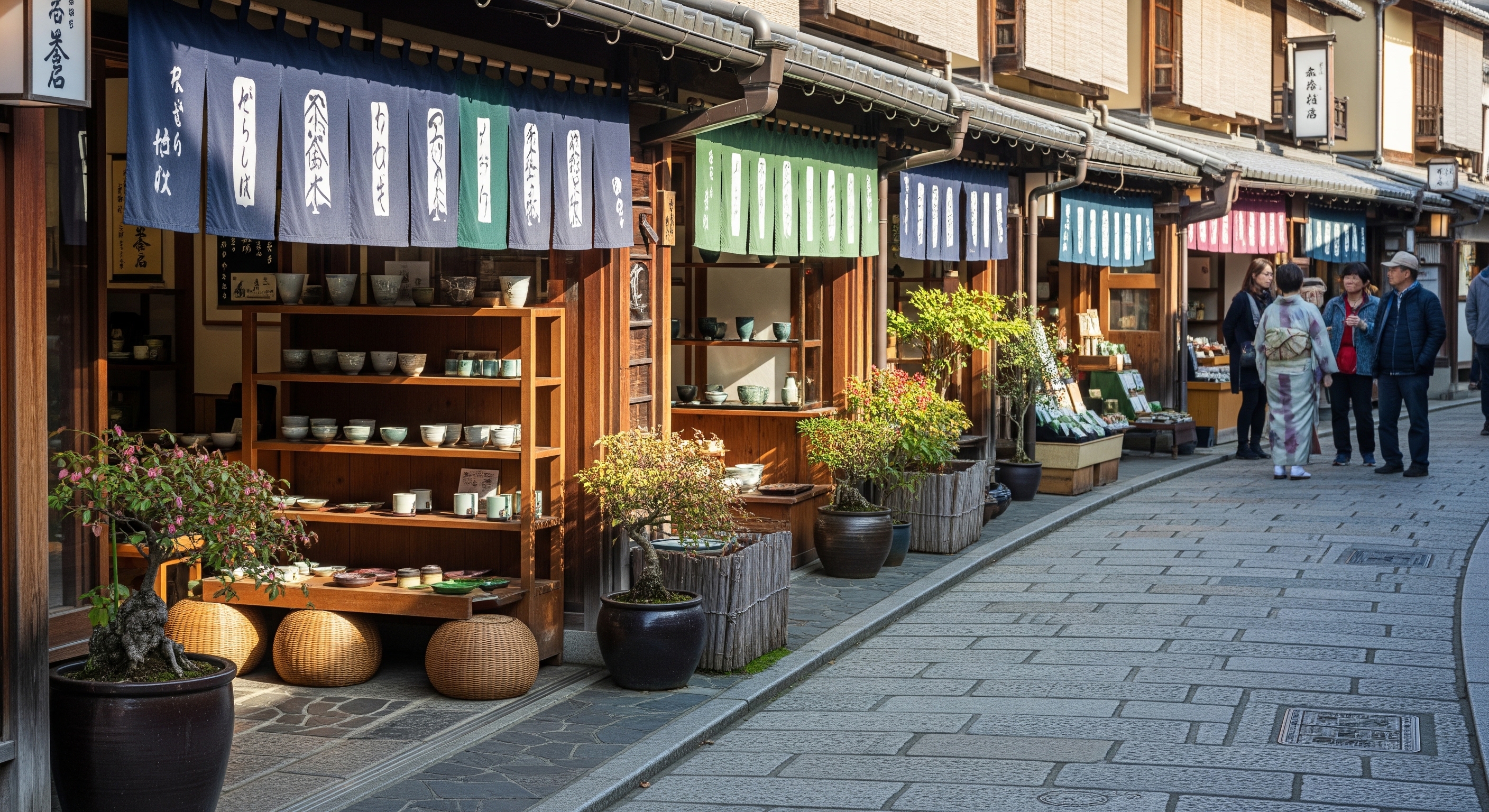 Ninenzaka lane with traditional wooden storefronts selling ceramics and matcha, stone-paved path