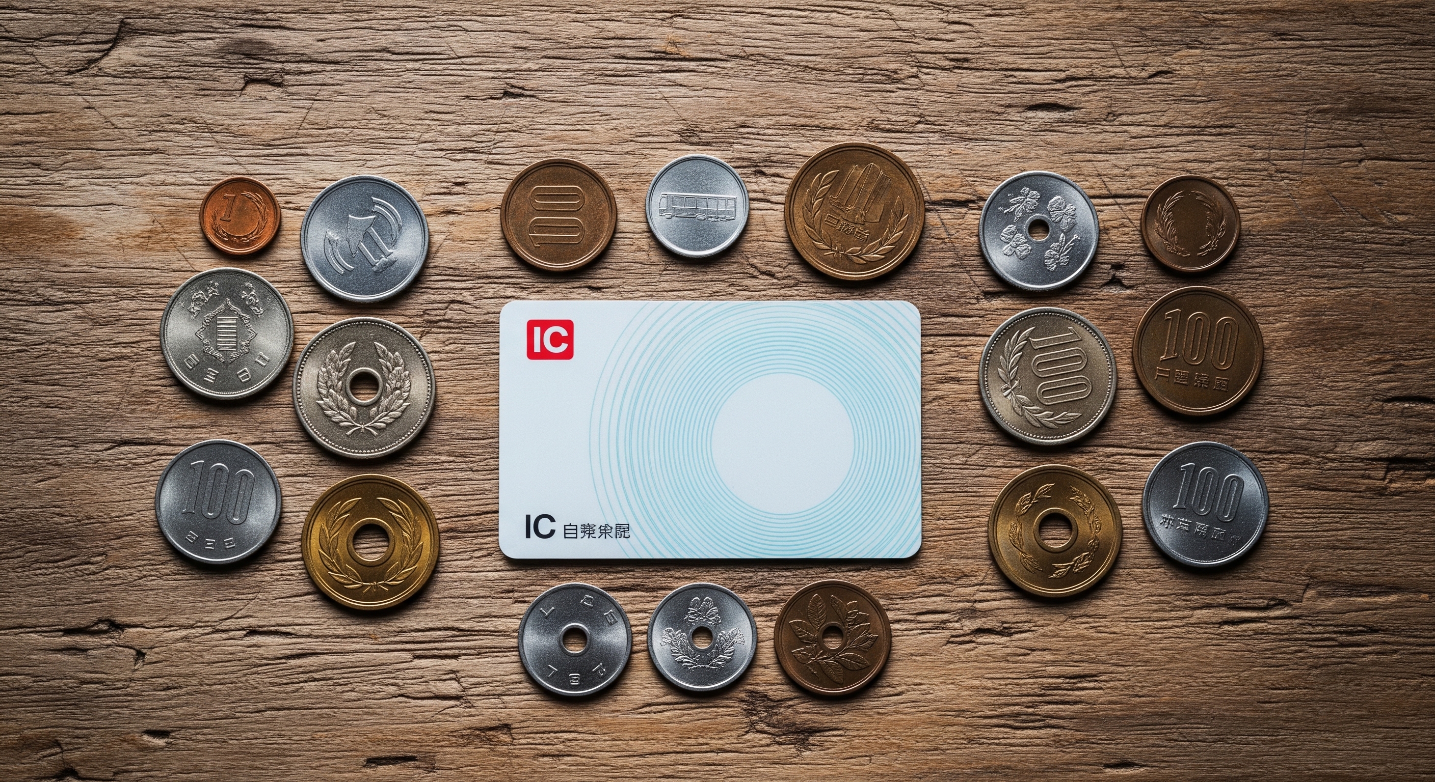 IC transportation card and Japanese yen coins on wooden surface