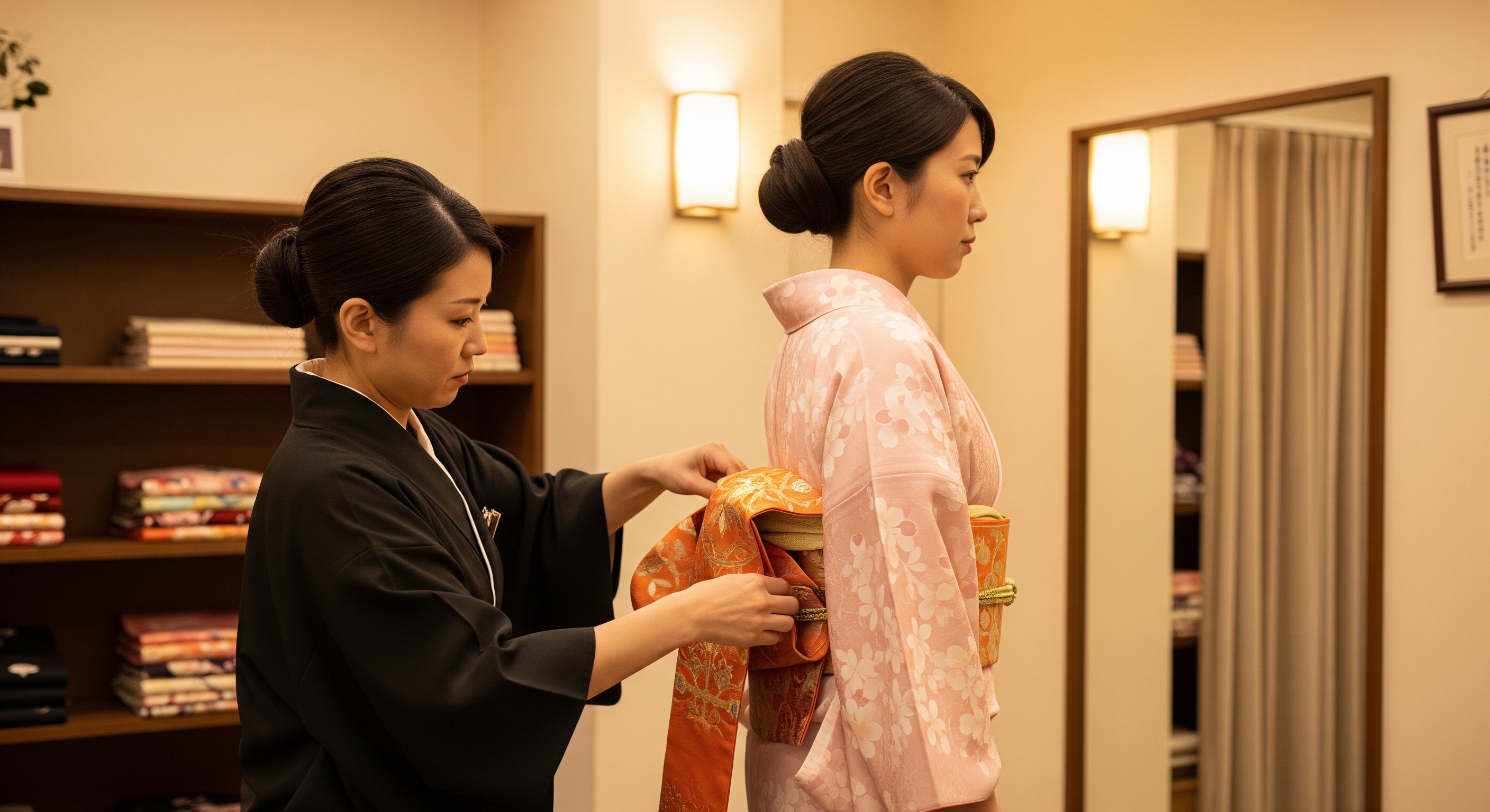 Interior of a Kyoto kimono rental shop dressing room, staff member carefully tying an obi sash around a customer in a soft floral kimono, warm shop lighting