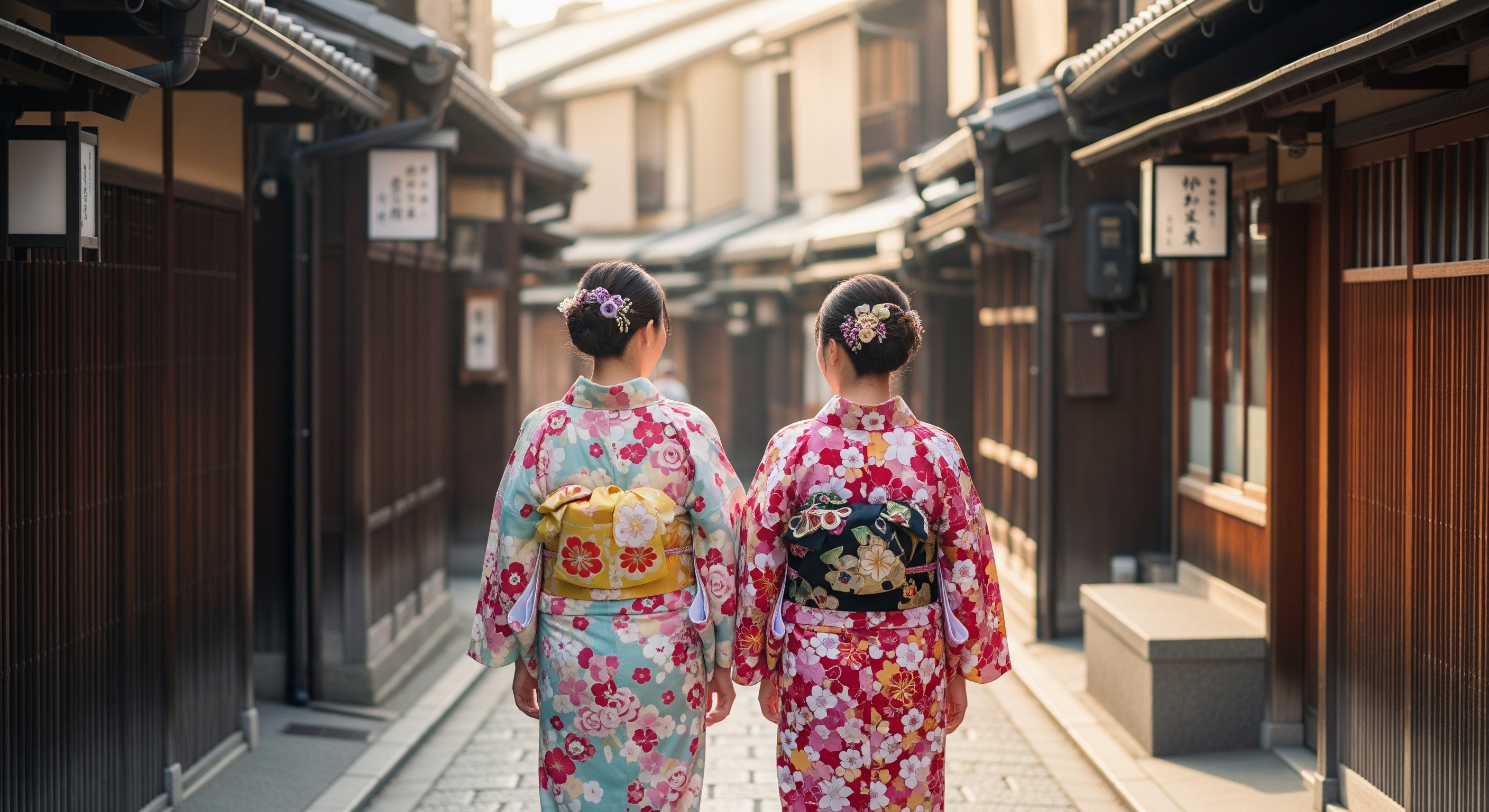 Two women in colorful kimono walking along the stone-paved Ninenzaka lane in Higashiyama, Kyoto