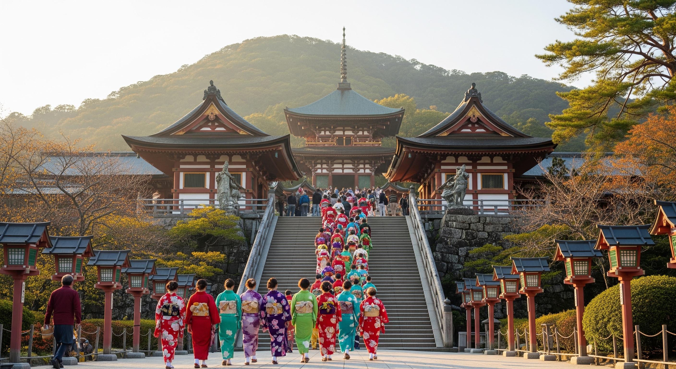 Visitors in colorful kimono carefully ascending the stone steps leading to Kiyomizudera temple in Kyoto, forested hillside in background, late morning light