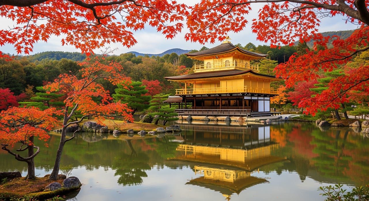 Kinkakuji golden pavilion surrounded by red and orange maple trees in autumn