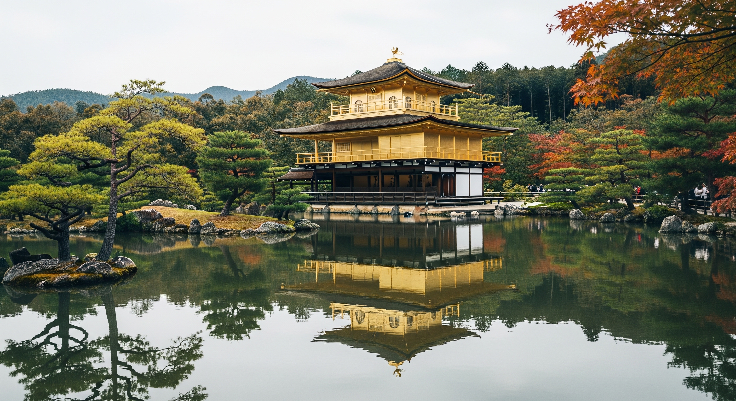 Kinkakuji golden pavilion three stories reflecting in Kyoko-chi pond