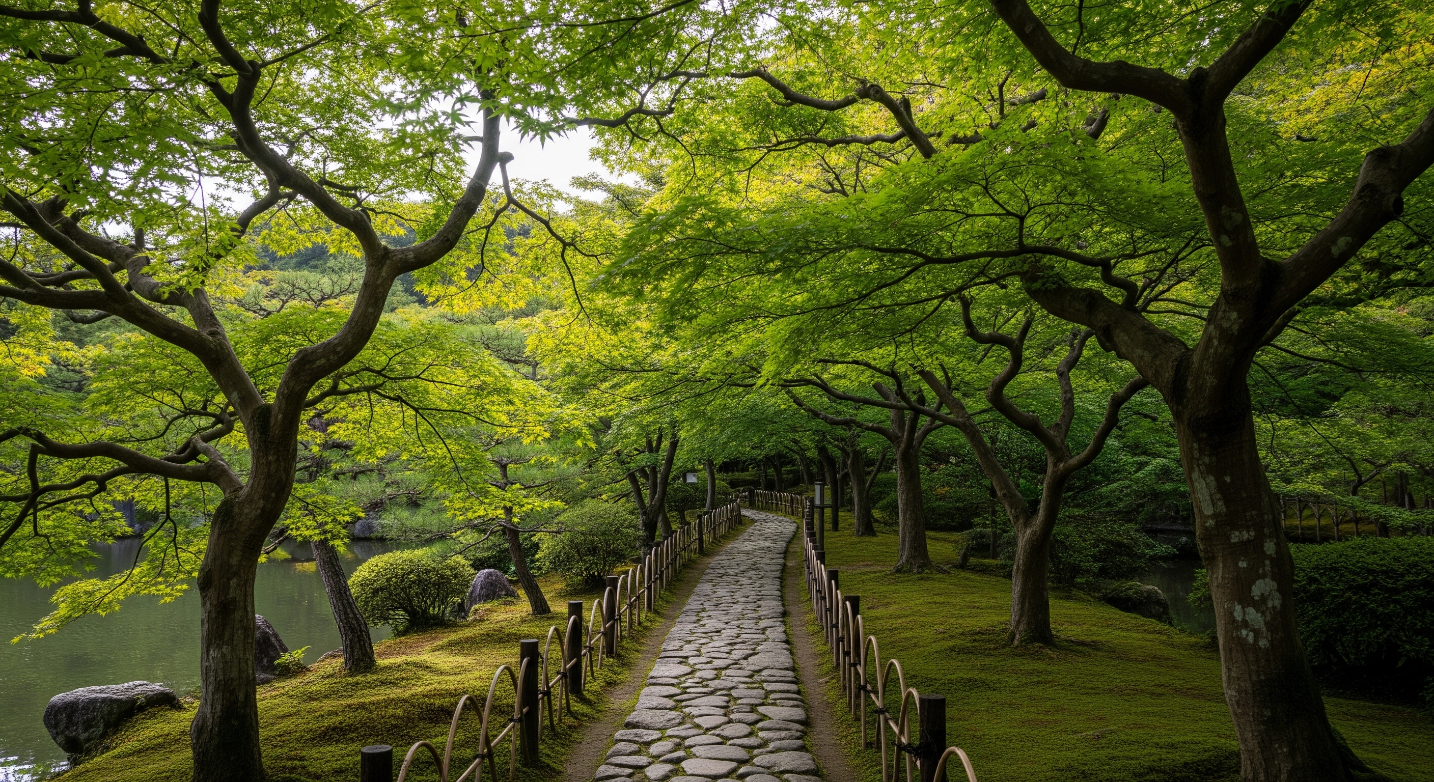 Narrow stone path around Kyoko-chi pond at Kinkakuji with Japanese maple trees