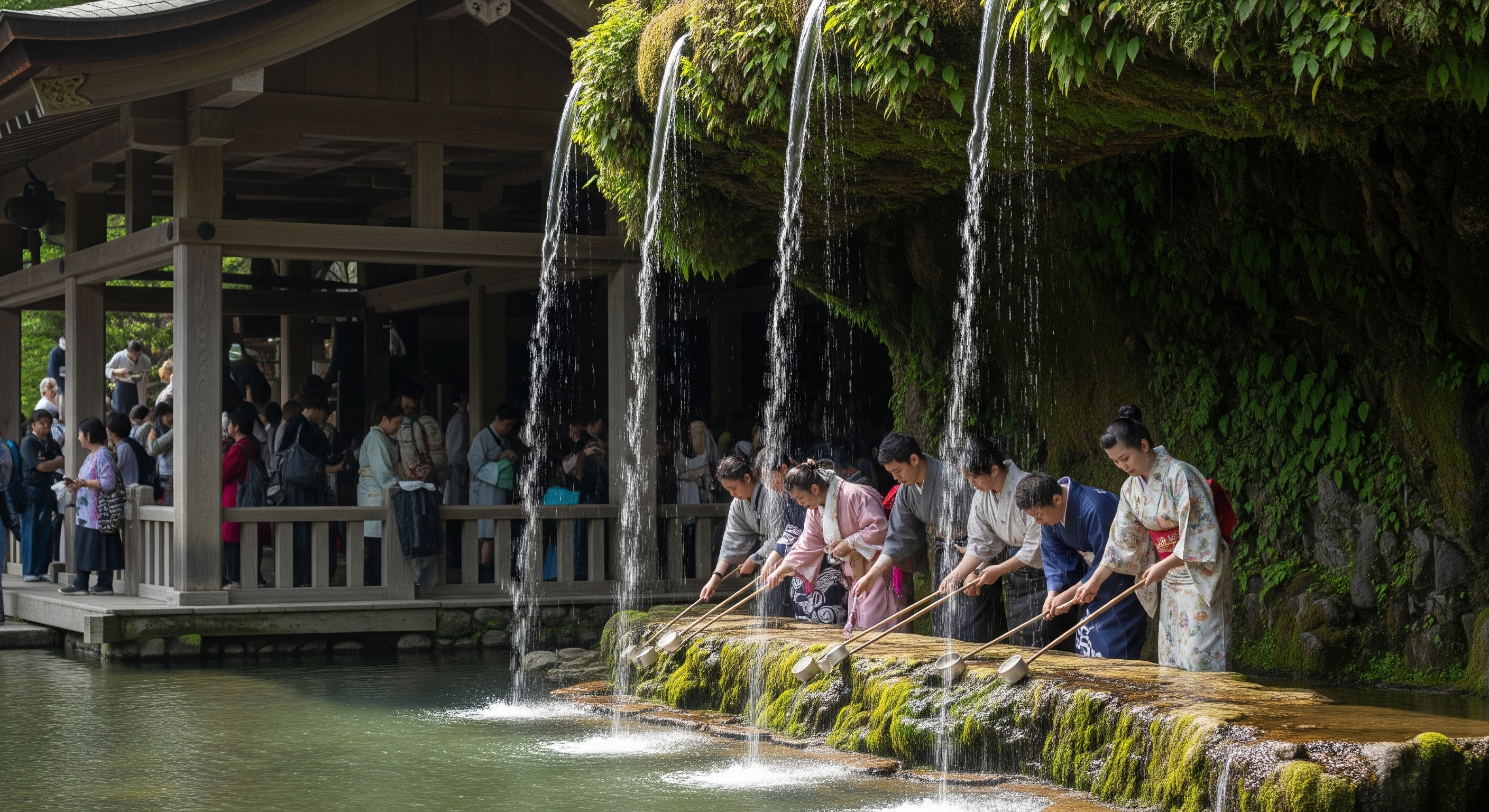 Otowa waterfall below Kiyomizudera with visitors drinking from long-handled cups