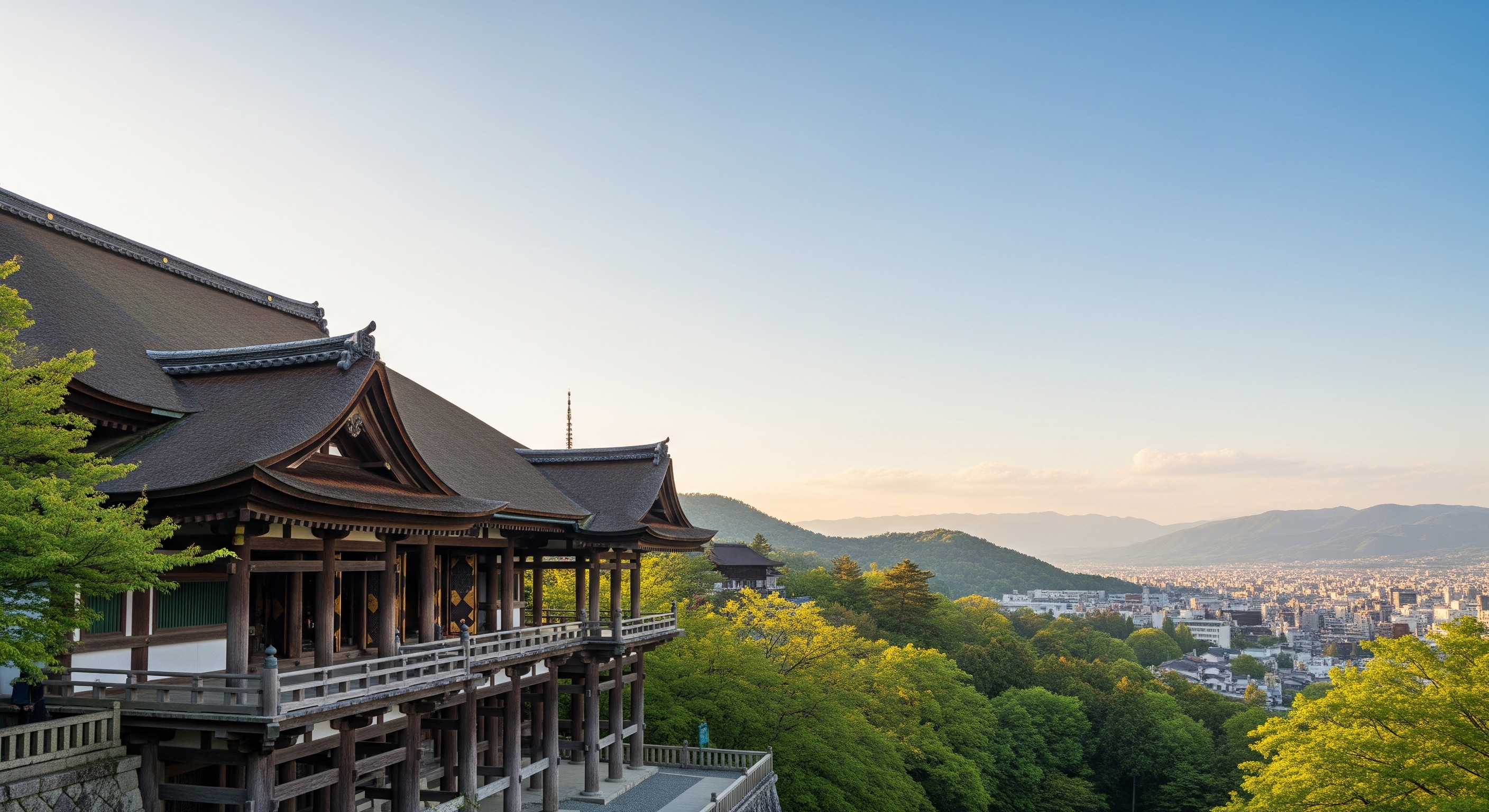 Kiyomizudera wooden stage extending over forested hillside