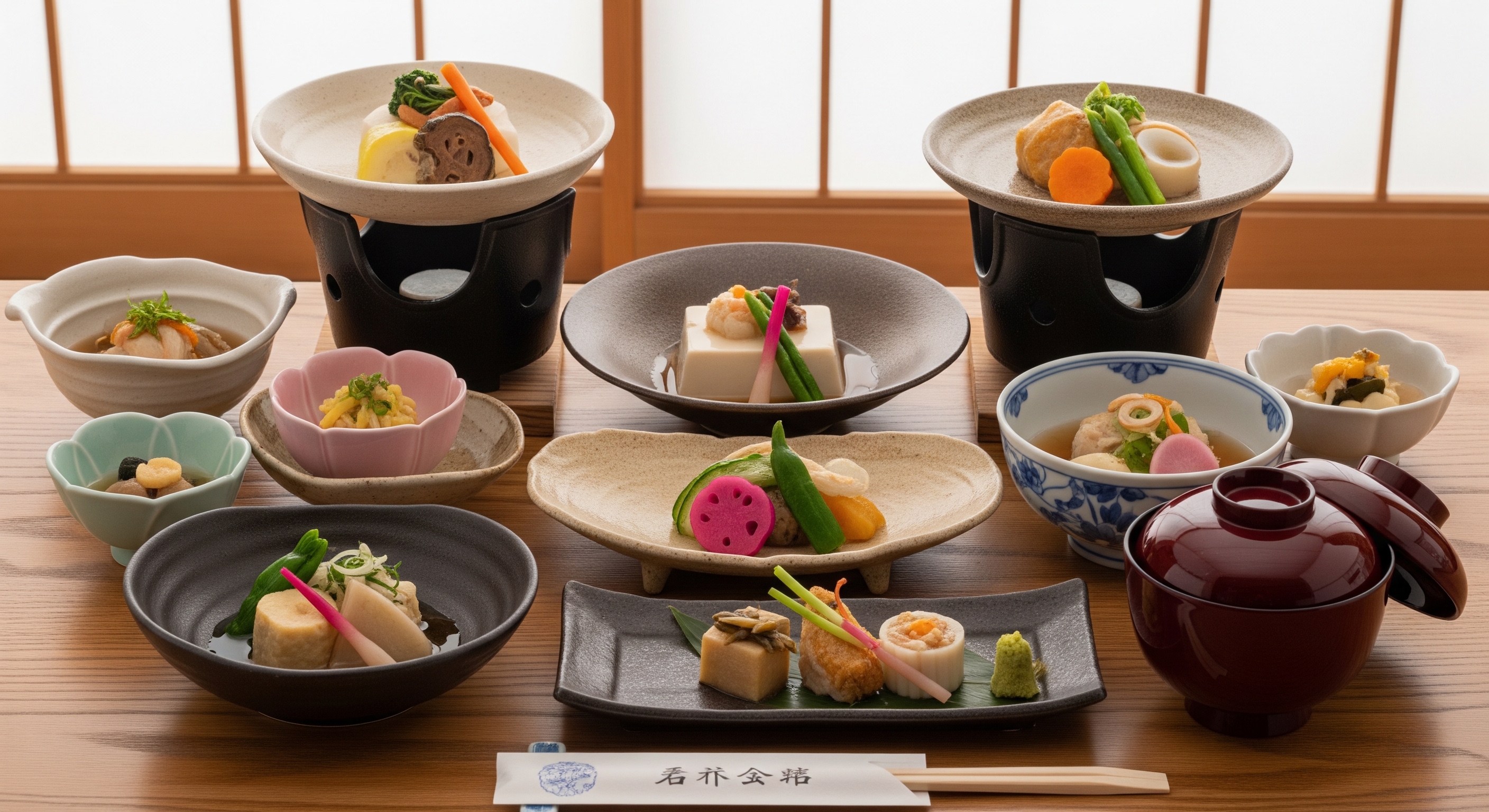 Multi-course kaiseki meal in a traditional Kyoto restaurant with lacquerware and seasonal ingredients