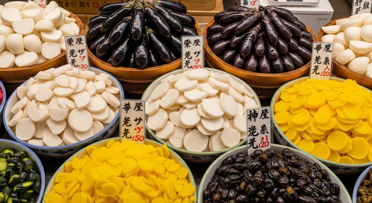 Colorful array of Kyoto tsukemono pickles displayed in wooden barrels at Nishiki Market including purple shibazuke and white senmaizuke
