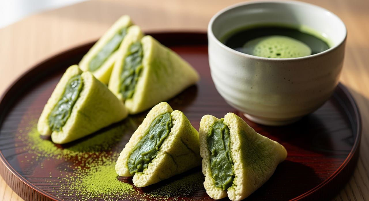 Triangular nama yatsuhashi filled with matcha red bean paste on a wooden tray with green tea