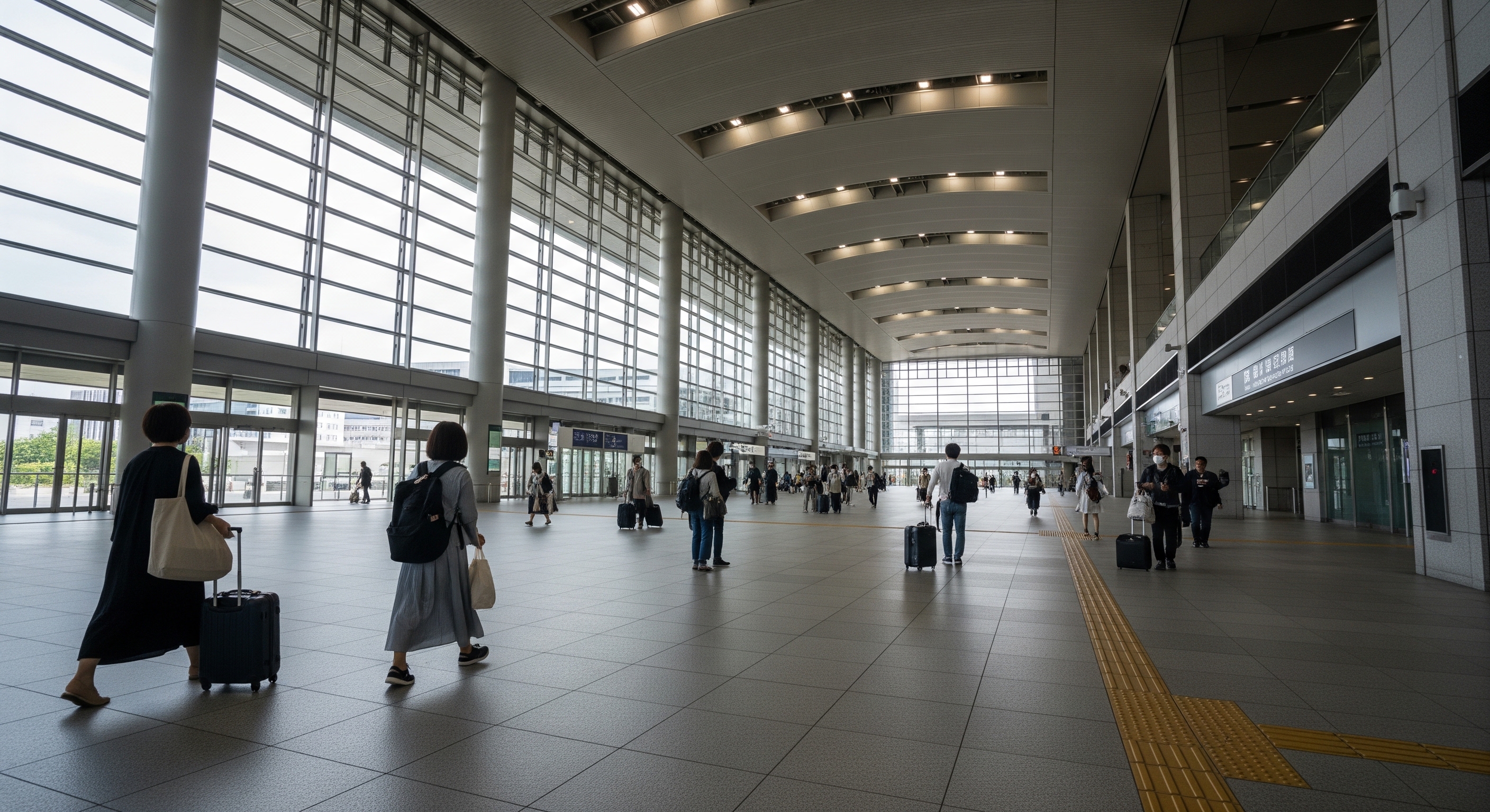 Kyoto Station grand hall interior with travelers arriving with luggage