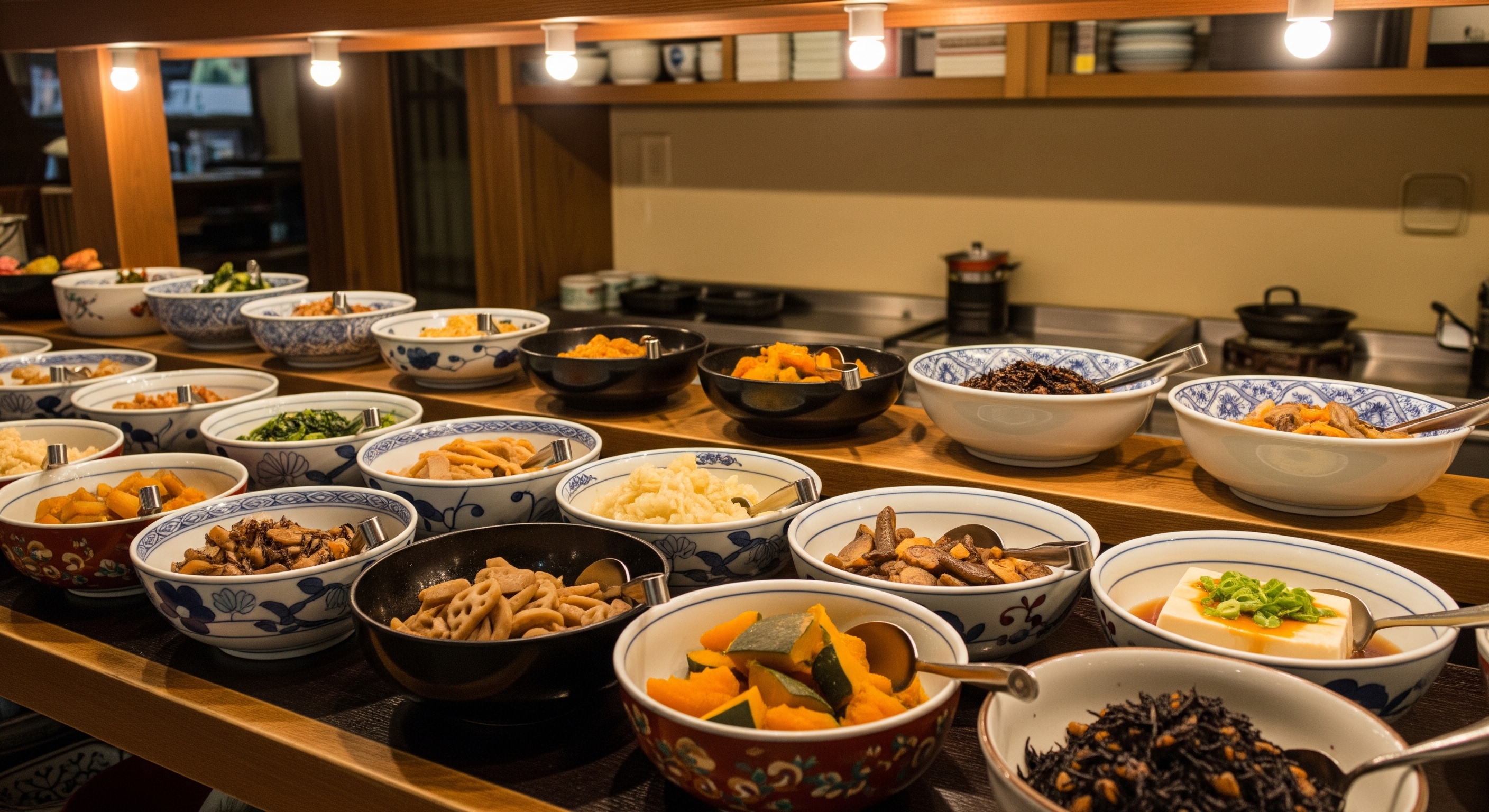 Kyoto obanzai buffet spread with colorful seasonal vegetable dishes, pickles, and tofu preparations on a wooden counter