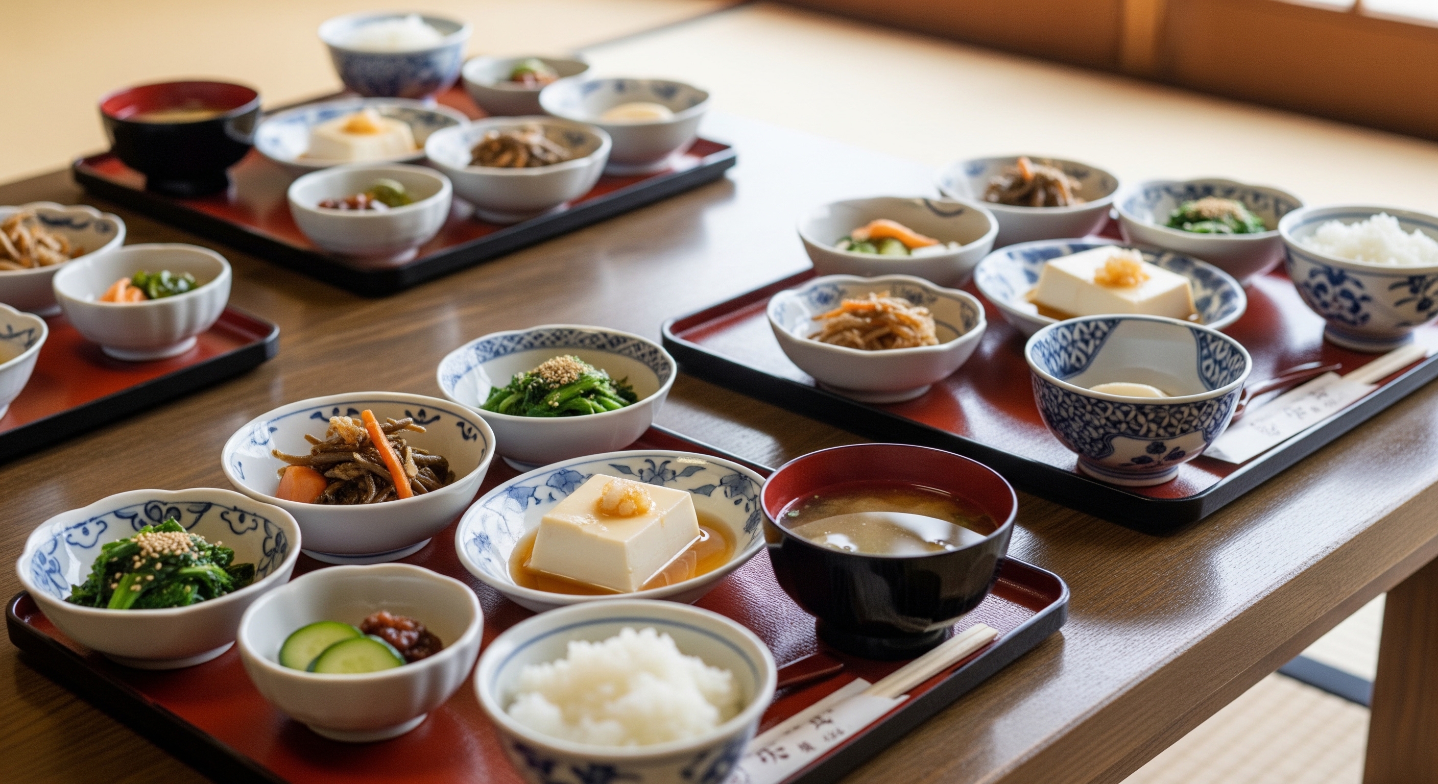 Traditional shojin ryori multi-course meal served on lacquerware trays