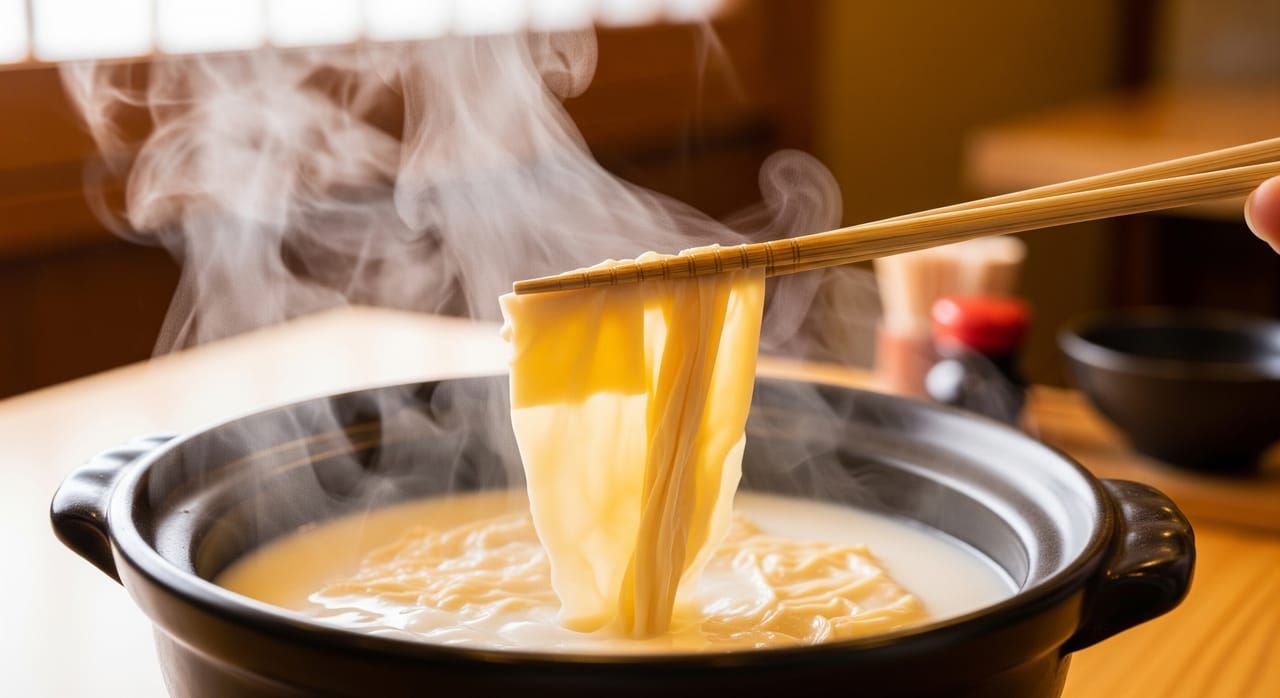 Fresh yuba tofu skin being lifted from a simmering pot of soy milk at a Kyoto tofu restaurant