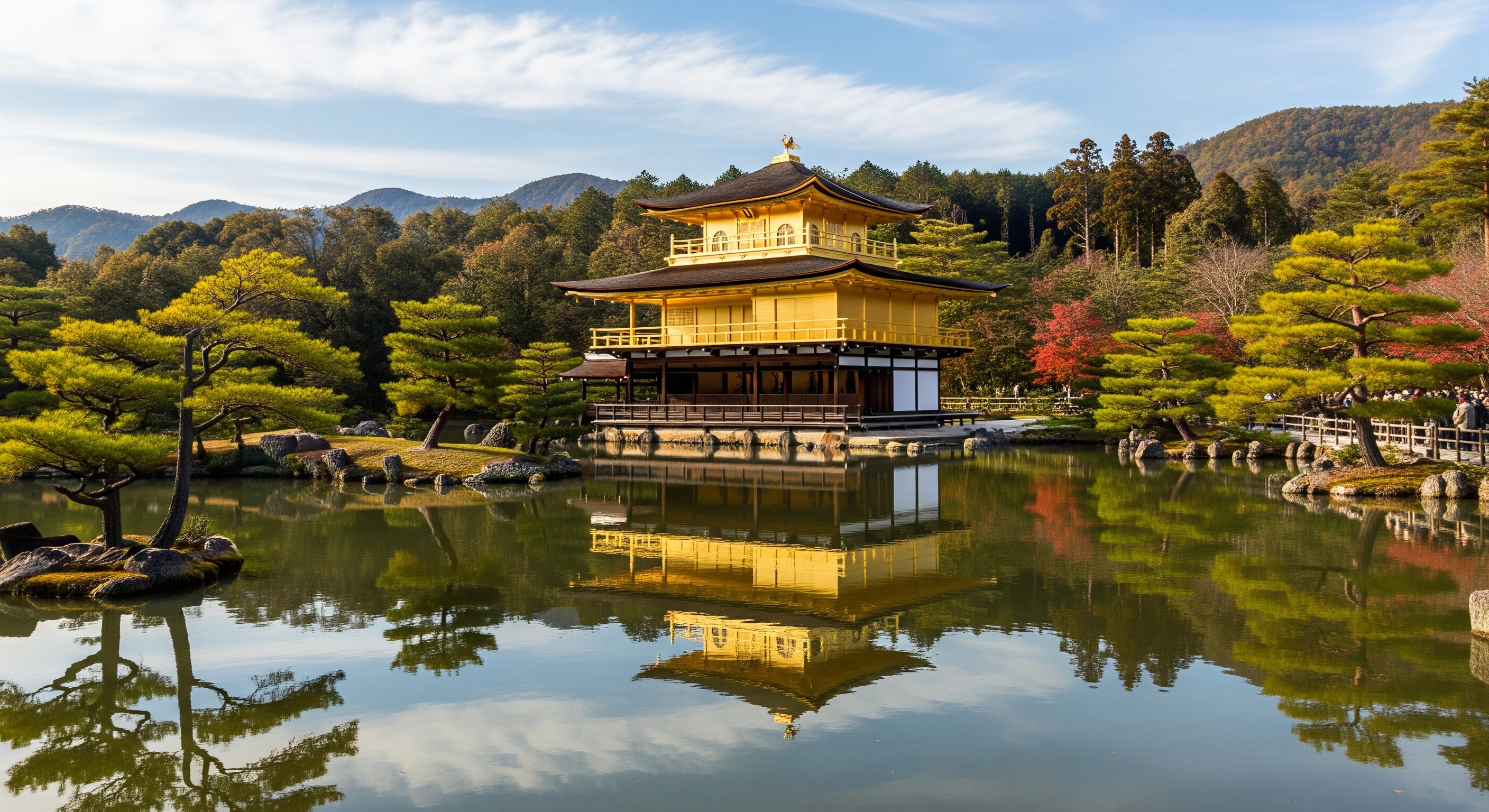Kinkaku-ji Golden Pavilion temple covered in gold leaf perfectly reflected in Kyoko-chi mirror pond surrounded by Japanese pine trees, clear afternoon sky