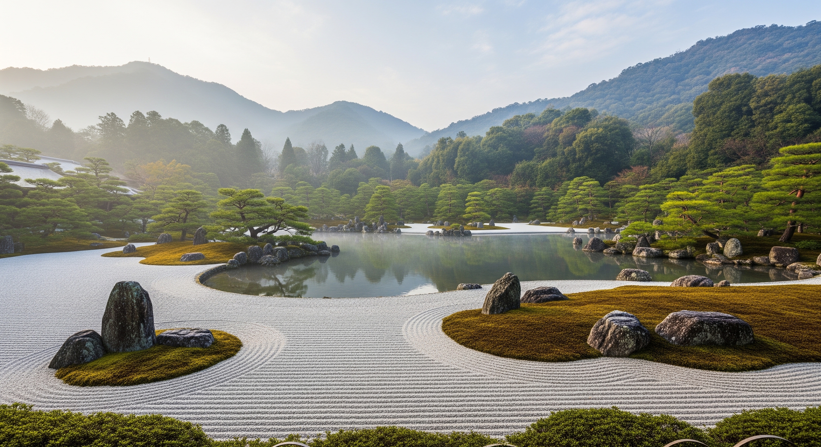 Tenryu-ji Zen garden with raked gravel, moss-covered stones, and Arashiyama mountain backdrop reflected in the central pond, early morning soft light