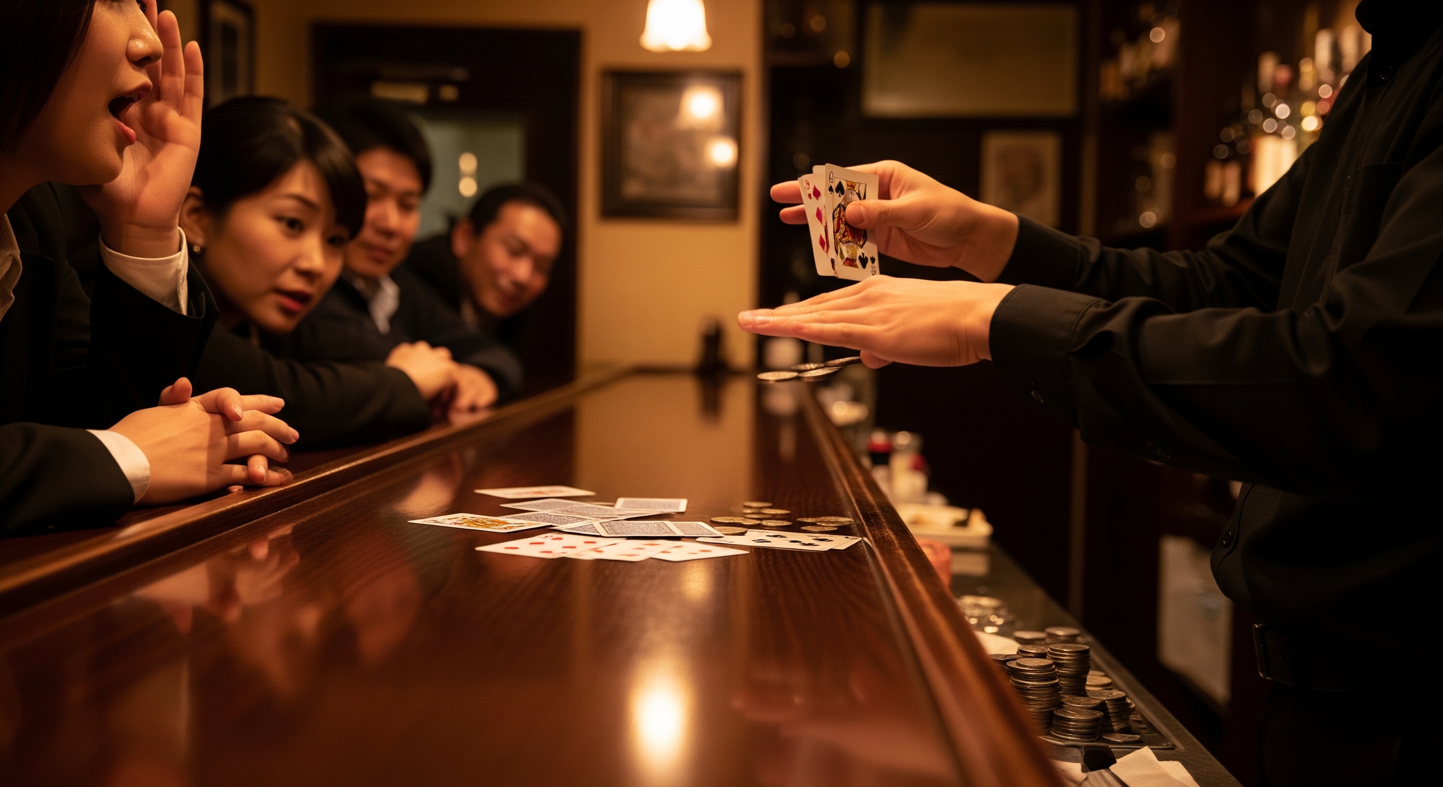 Intimate Japanese magic bar interior, warm amber lighting, polished wooden counter with playing cards and coins, performer's hands mid-trick