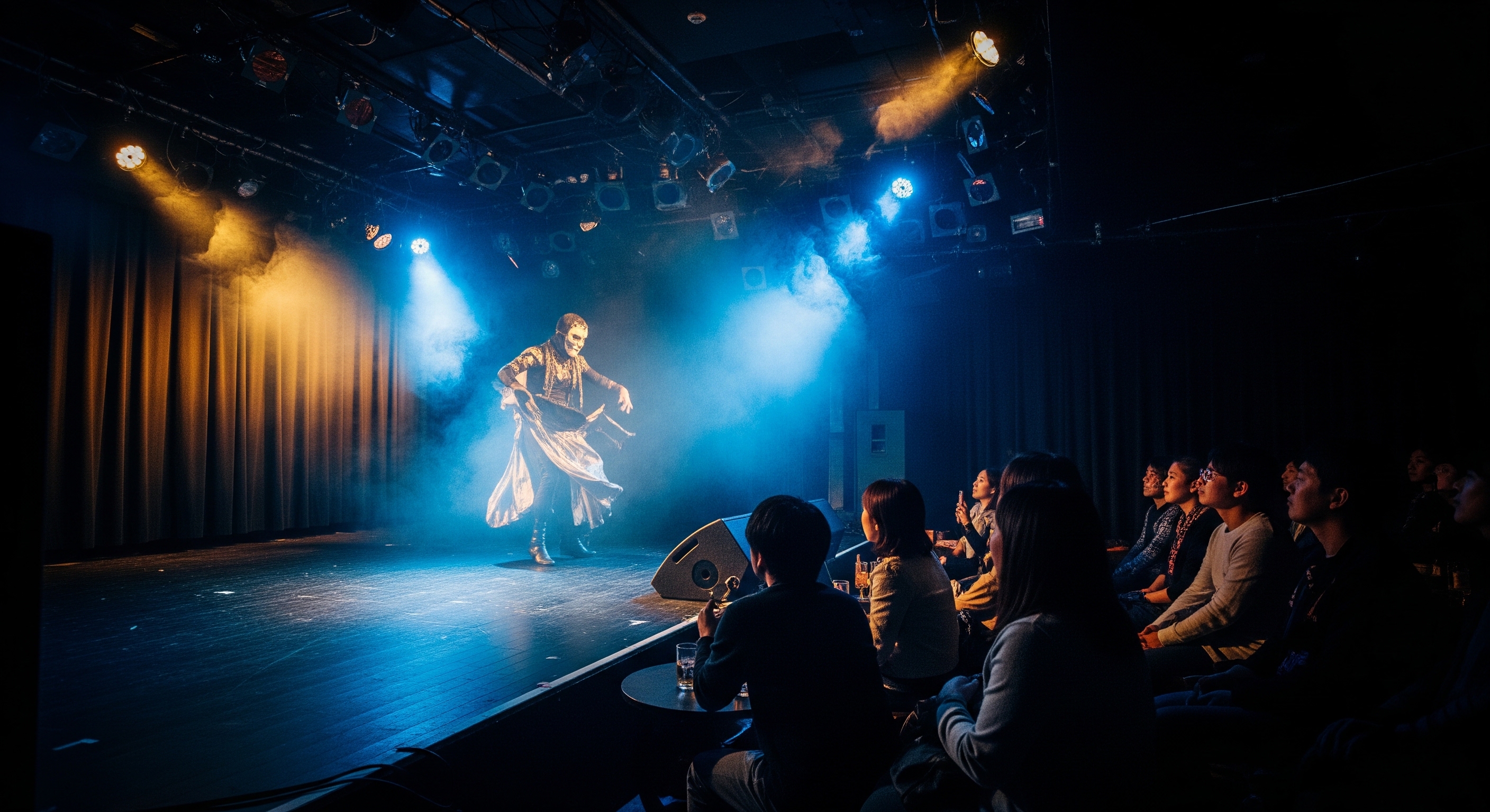 Dramatic theatrical stage lit in deep blue and gold light with masked performers mid-act, intimate black-box cabaret venue in Kyoto