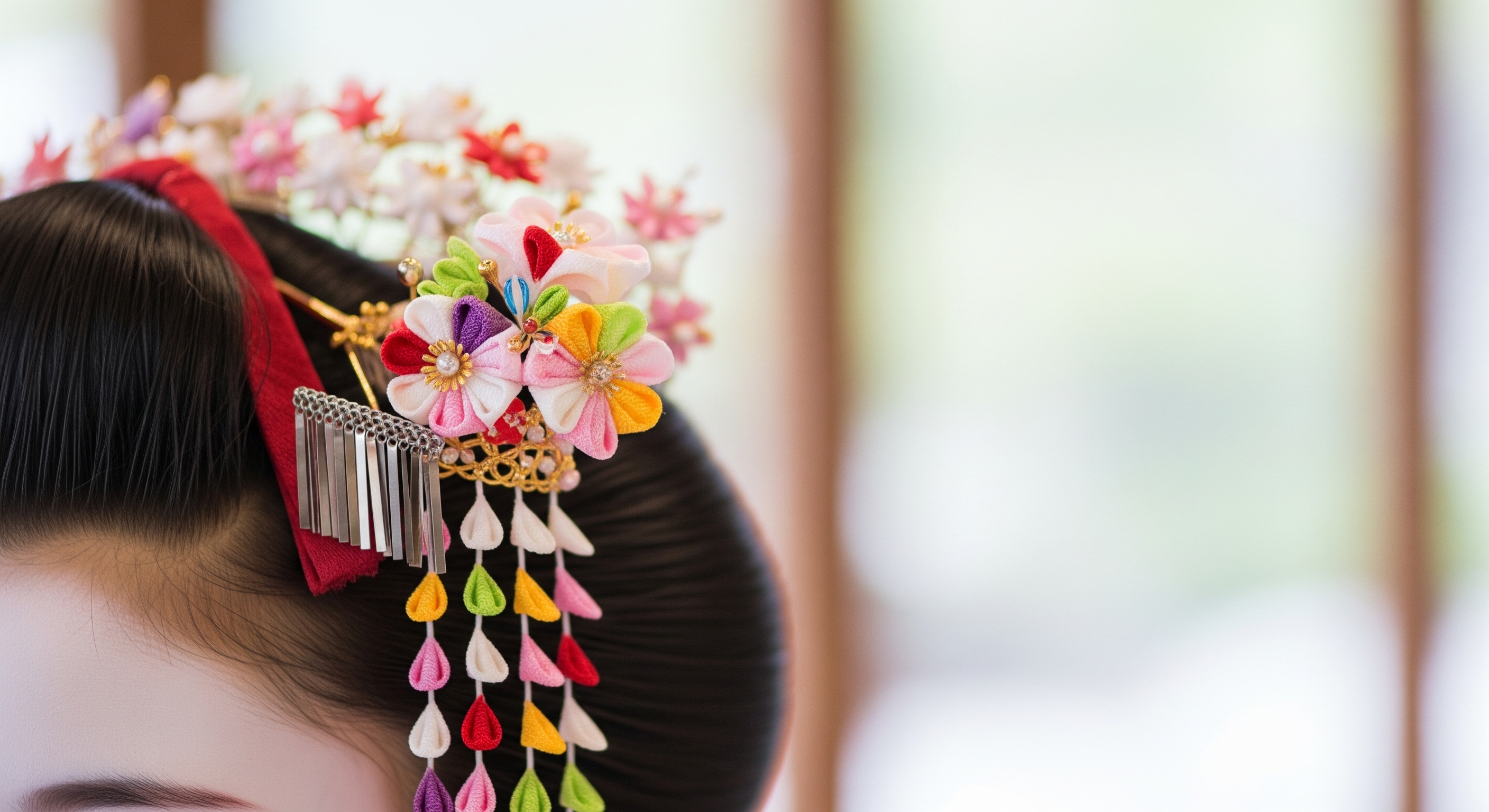 Close-up of maiko kanzashi hair ornaments in seasonal flower design