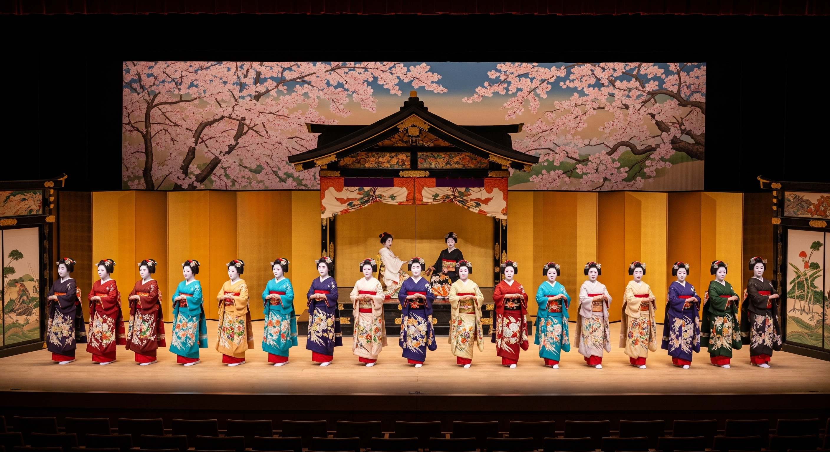 Maiko and geiko performers on stage during Miyako Odori spring dance performance in Kyoto