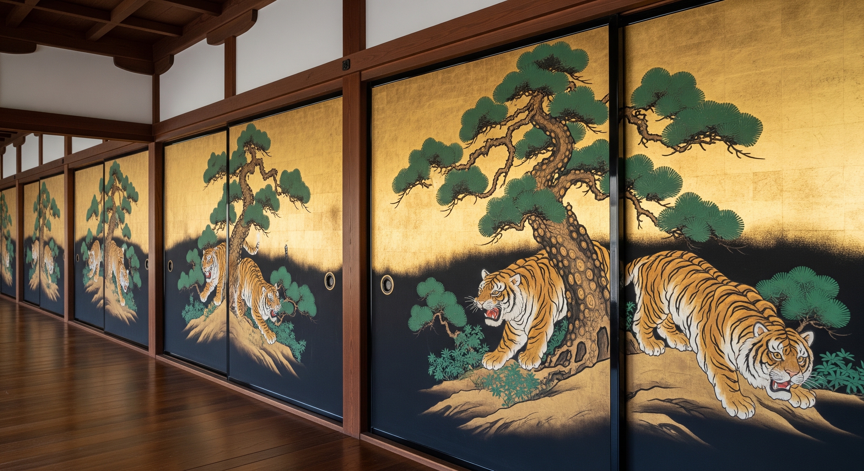 Nijo Castle ornate painted sliding doors with gold-leaf tigers and pine trees