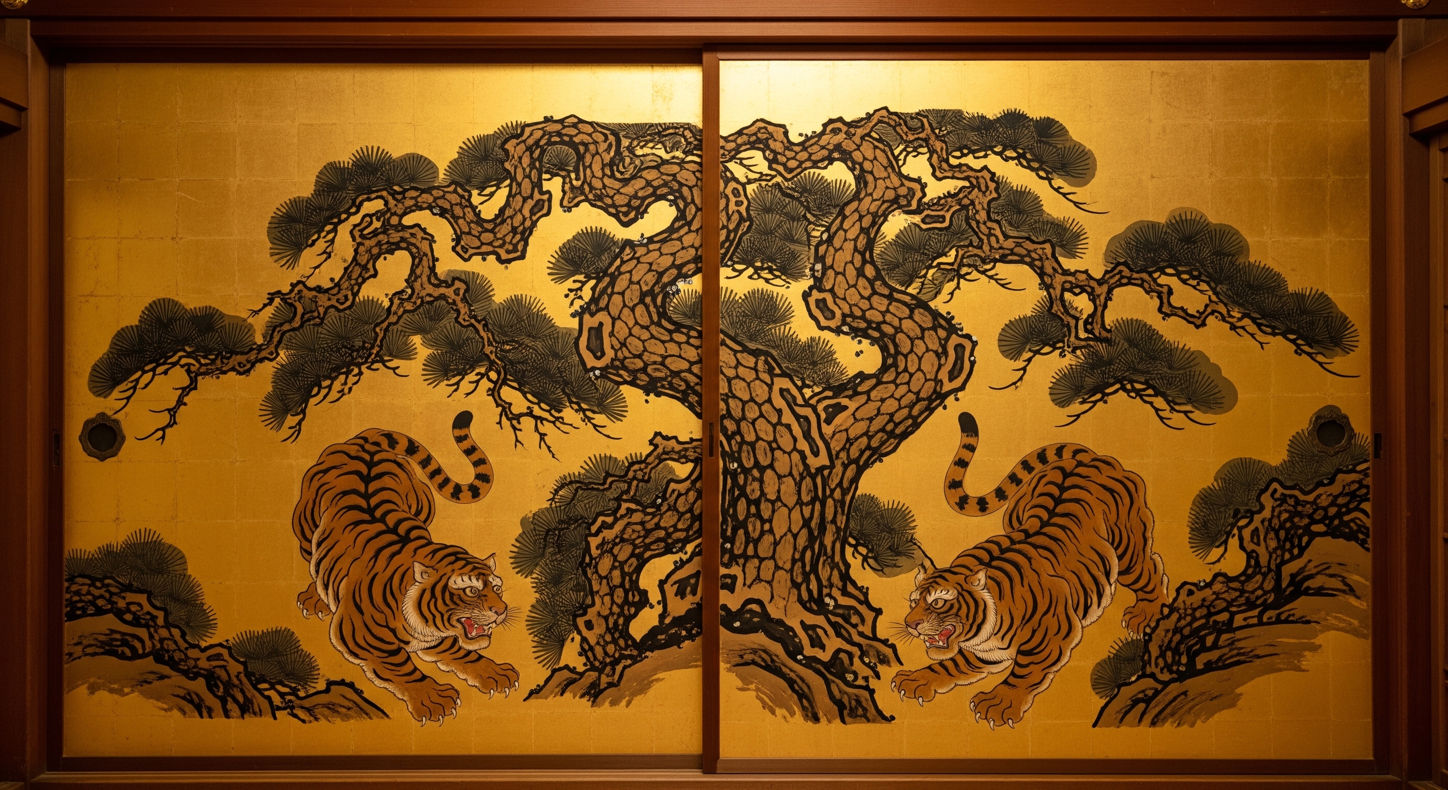 Close-up of Kano school gold leaf paintings on sliding doors inside Ninomaru Palace showing tigers and pine trees
