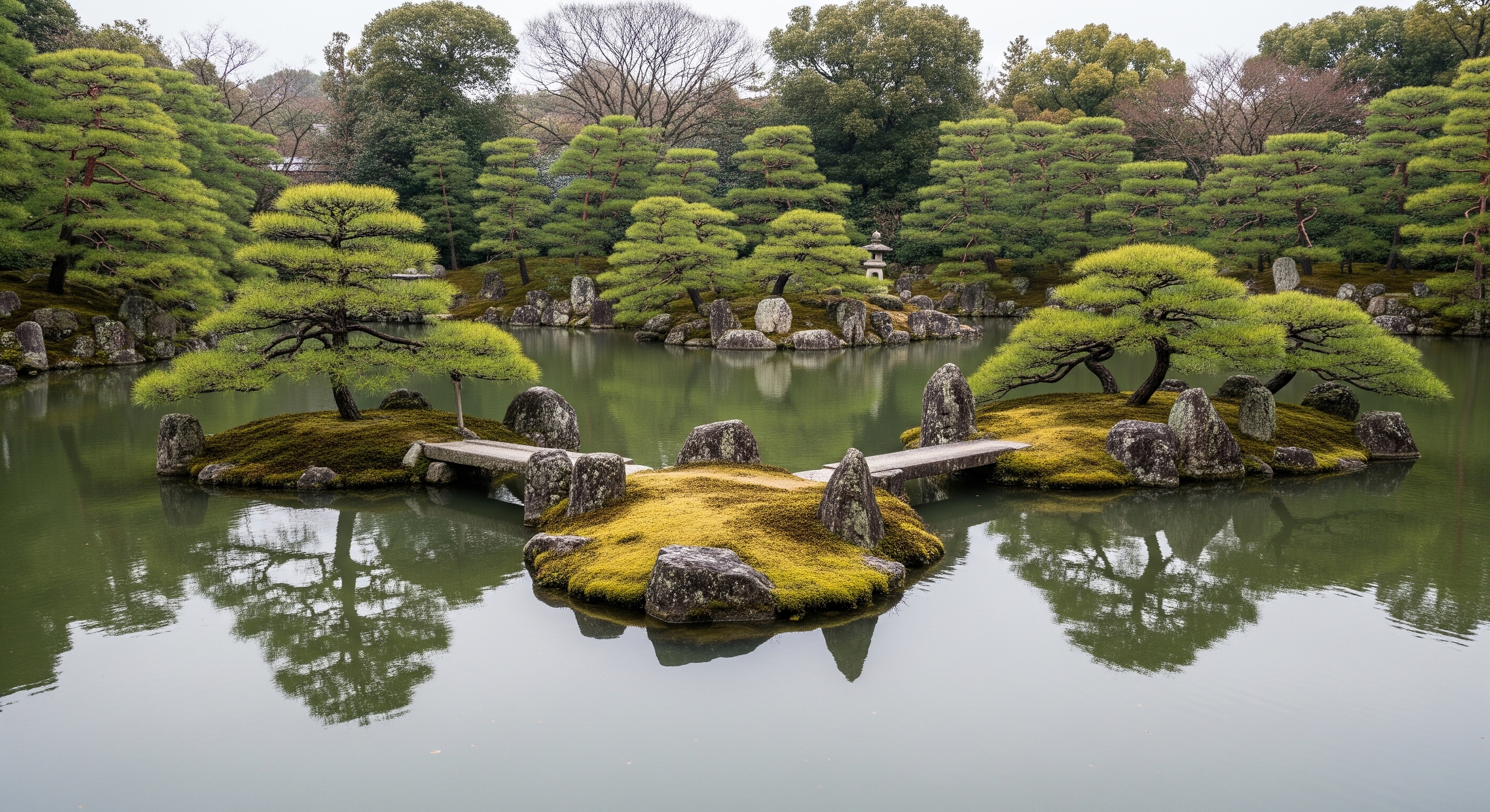Ninomaru Garden at Nijo Castle with stone islands, shaped pine trees, and still reflecting pond under soft overcast Kyoto sky