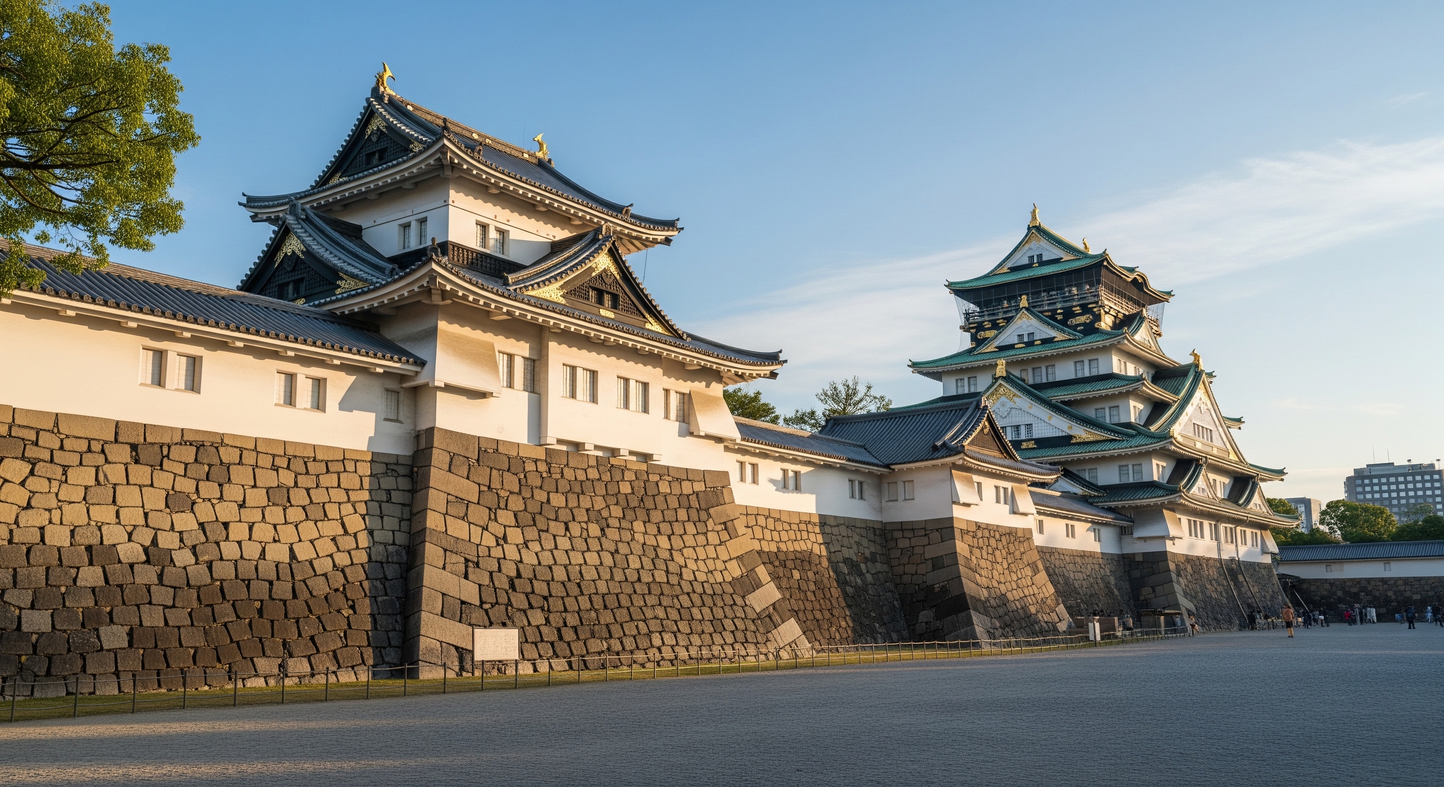 Stone walls and ornate Karamon gate of Nijo Castle in early morning light