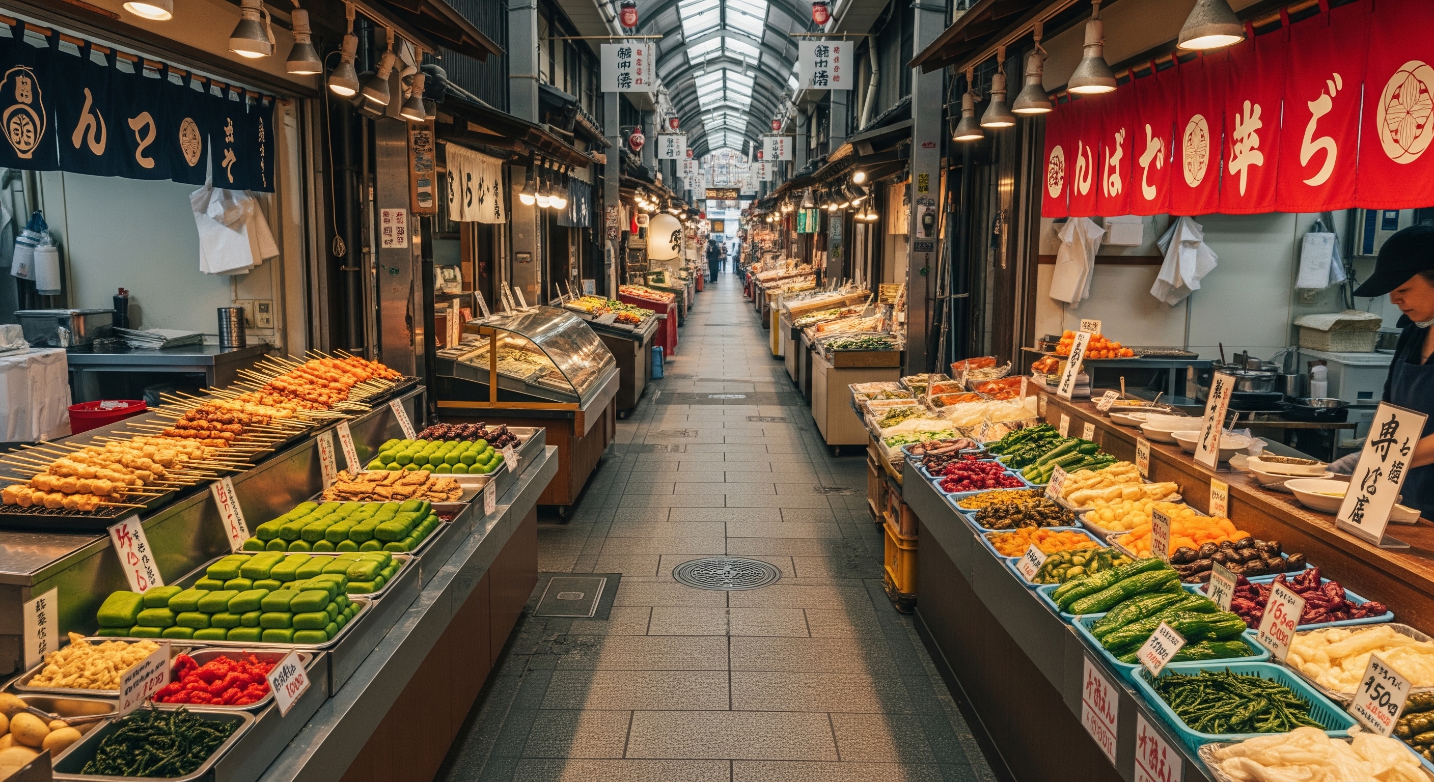 Colorful Nishiki Market stalls with grilled skewers, matcha sweets, and pickled vegetables