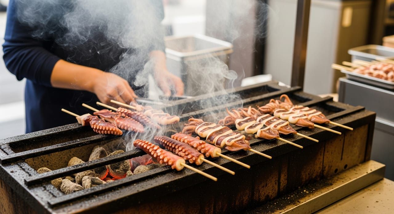 Grilled octopus and squid skewers cooking over charcoal at a narrow Nishiki market stall with smoke rising