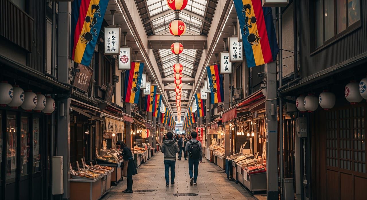 Nishiki Market covered arcade with colorful stall banners and shoppers