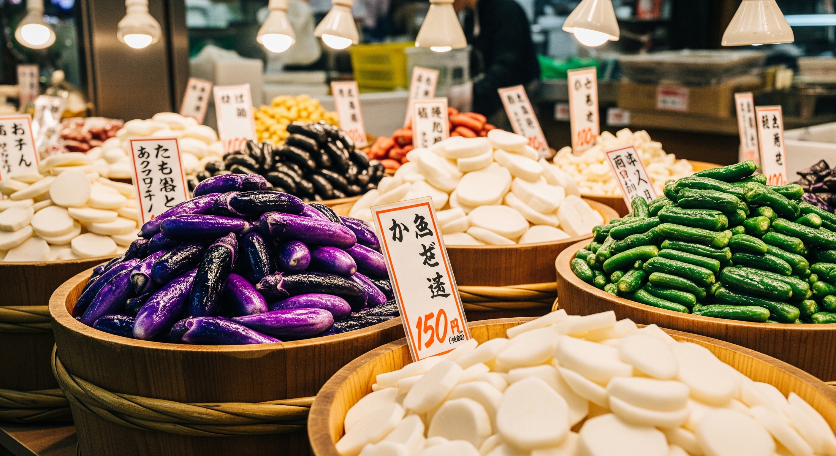 Colorful rows of Kyoto tsukemono pickles including purple shibazuke and white senmaizuke displayed in large wooden barrels at a Nishiki market shop
