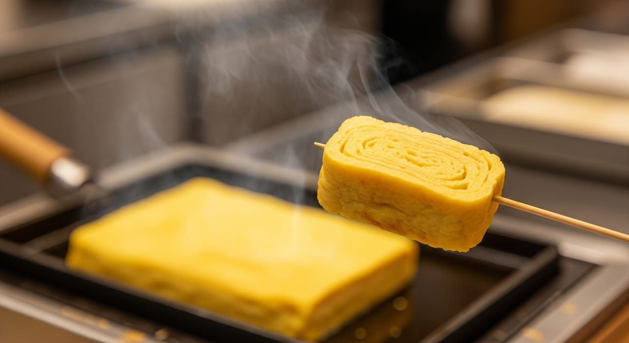Golden tamagoyaki rolled egg on bamboo skewer held over a Nishiki market stall counter