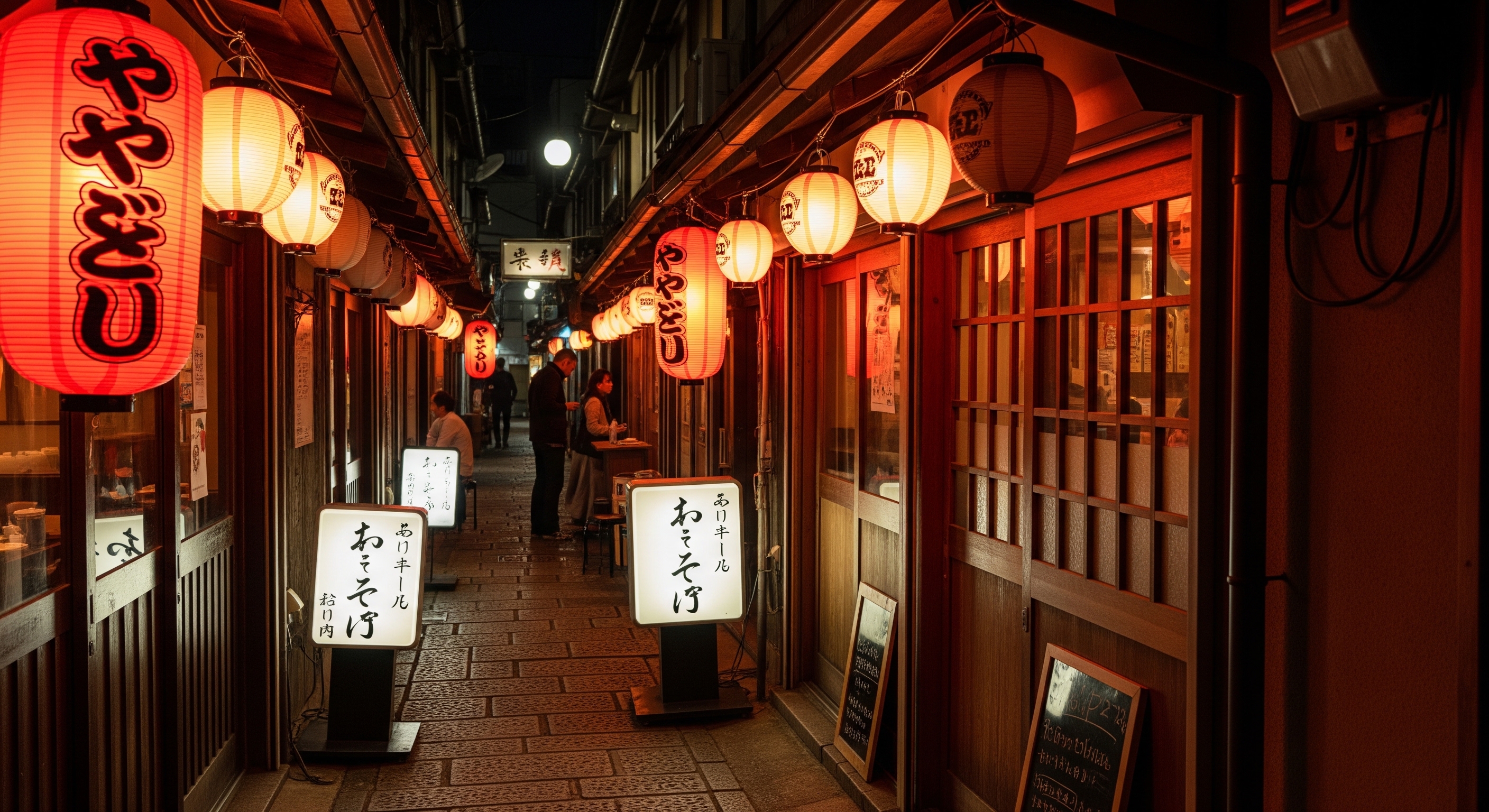 Pontocho narrow alley at night with small restaurants and glowing red lanterns