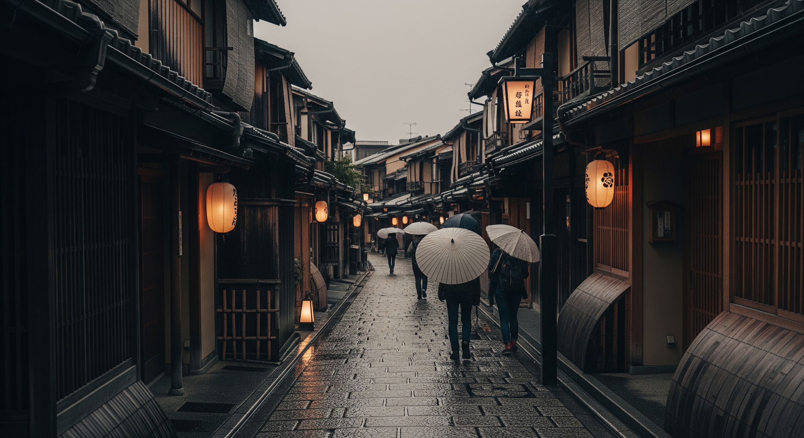Stone-paved lanes of Higashiyama in the rain